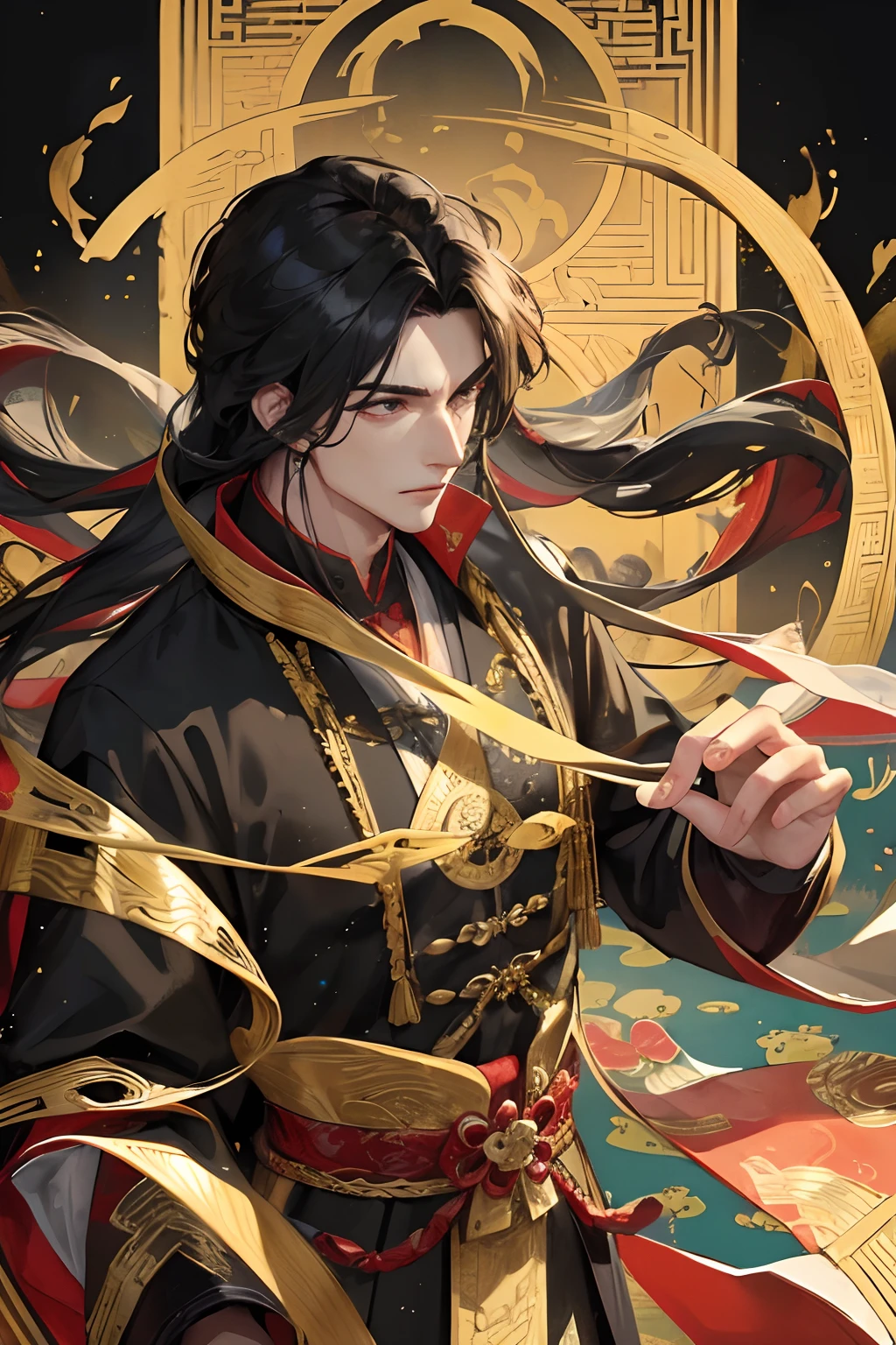 Masterpiece, Best Quality, Night, Full Moon, 1 Man, Mature Man, Ancient China, Chinese Palace, Eagle, Black Hair, Black Eyes, Split Hair, Long Hair, Long Bangs, Handsome, Mian Diao, Chinese Crown, Handsome, Masculine, Serious, Gentle, Tall, Calm, Black and Gold Alternating Clothing, Gold Pattern, Dragon Pattern, Prince, Sword Pairing, Side, Facial Details, Facial Exquisite