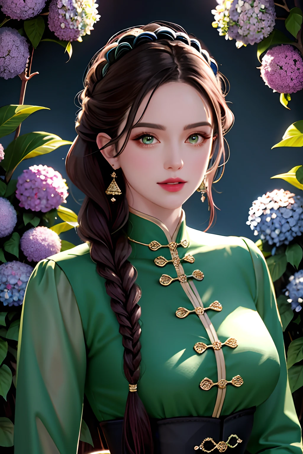 masterpiece, best quality, high quality, High definition, High quality texture, High quality shadow, high detail, Cinematic Light, sidelighting, Ray tracing, sharp focus, gundam,(garden),full body,night, full moon,1 girl, mature woman, Chinese style, ancient China, sister, imperial sister, smile, dark brown hair, dark hair, princess cut, a Fried Dough Twists braid, coiled hair, double ball head, light pink lips, calm, intellectual, middle hair, green eyes, hairpin,(hydrangea:1.2), fine face, facial close-up, green clothes,Beautiful face,upon_body, tyndall effect,photorealistic, rim lighting, two tone lighting,(high detailed skin:1.2), 8k uhd, dslr, soft lighting, high quality, Photograph, high resolution, 4k, 8k, Bokeh