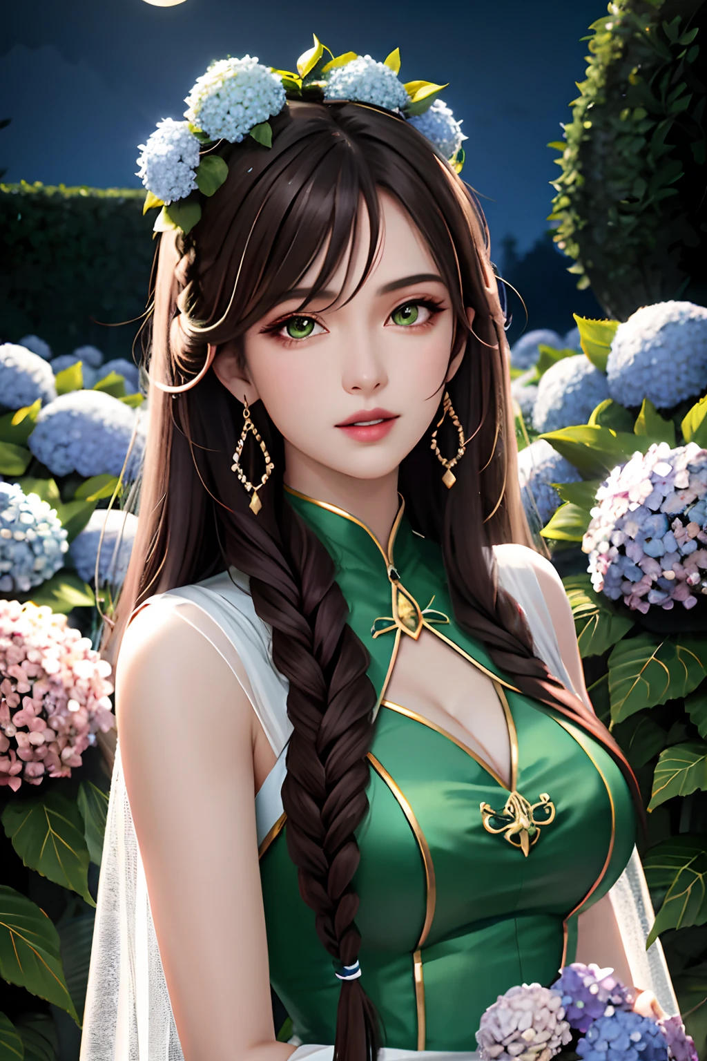 masterpiece, best quality, high quality, High definition, High quality texture, High quality shadow, high detail, Cinematic Light, sidelighting, Ray tracing, sharp focus, gundam,garden,(most of body),night, full moon,1 girl, mature woman, Chinese style, ancient China, sister, imperial sister, smile, dark brown hair, dark hair, princess cut, a Fried Dough Twists braid, coiled hair, double ball head, light pink lips, calm, intellectual, middle hair, green eyes, hairpin,(hydrangea:1.2), fine face, facial close-up, green clothes,Beautiful face,upon_body, tyndall effect,photorealistic, rim lighting, two tone lighting,(high detailed skin:1.2), 8k uhd, dslr, soft lighting, high quality, Photograph, high resolution, 4k, 8k, Bokeh