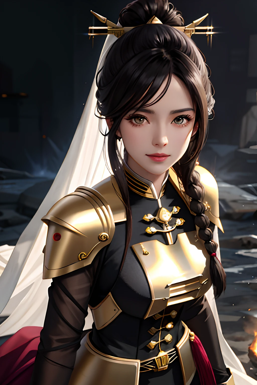 masterpiece, best quality, high quality, High definition, High quality texture, High quality shadow, high detail, Cinematic Light, sidelighting, Ray tracing, sharp focus, gundam,(battlefield),(gunsmoke),(full body),1 girl, mature woman, chinese style, ancient china, sister, imperial sister, smile, black hair, high ponytail, coiled hair, hairpins, light pink lips, calm, intellectual, brown eyes, tassels, gold thread, beads, armor, shroud silk dress, fine face, facial close-up,Beautiful face,photorealistic, rim lighting, two tone lighting,(high detailed skin:1.2), 8k uhd, dslr, soft lighting, high quality, high resolution, 