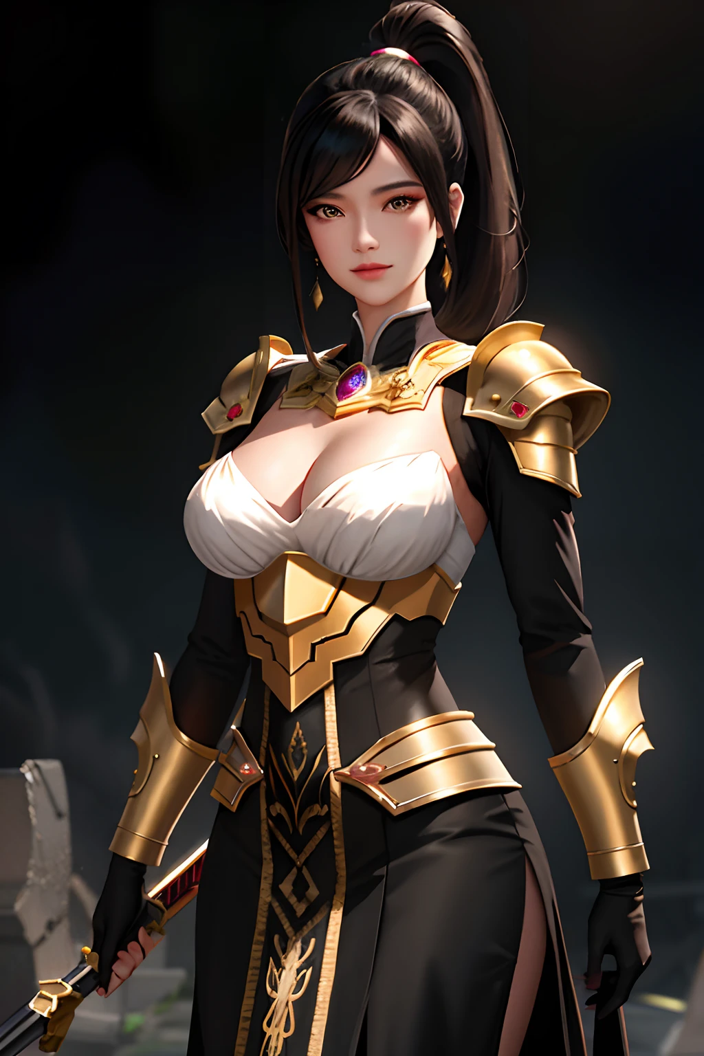 masterpiece, best quality, high quality, High definition, High quality texture, High quality shadow, high detail, Cinematic Light, sidelighting, Ray tracing, sharp focus, gundam,(battlefield),(gunsmoke),(full body),1 girl, mature woman, chinese style, ancient china, sister, imperial sister, smile, black hair, high ponytail, coiled hair, hairpins, light pink lips, calm, intellectual, brown eyes, tassels, gold thread, beads, armor, shroud silk dress, fine face, facial close-up,Beautiful face,photorealistic, rim lighting, two tone lighting,(high detailed skin:1.2), 8k uhd, dslr, soft lighting, high quality, high resolution, 