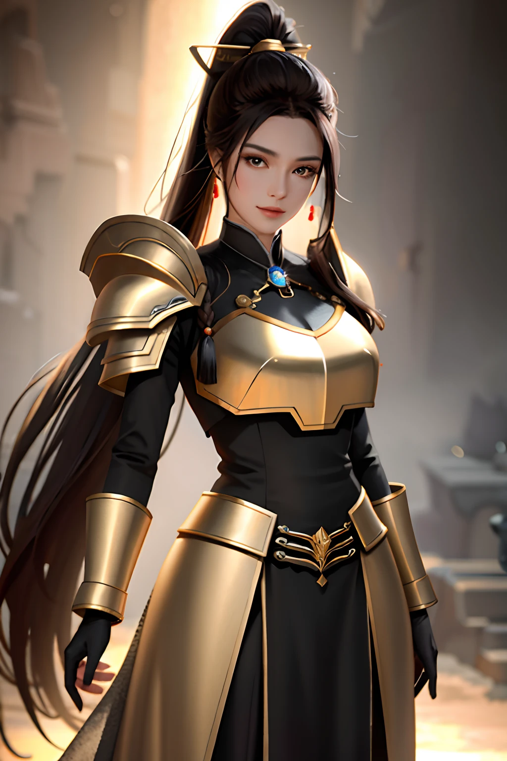 masterpiece, best quality, high quality, High definition, High quality texture, High quality shadow, high detail, Cinematic Light, sidelighting, Ray tracing, sharp focus, gundam,(battlefield),(gunsmoke),(full body),1 girl, mature woman, chinese style, ancient china, sister, imperial sister, smile, black hair, high ponytail, coiled hair, hairpins, light pink lips, calm, intellectual, brown eyes, tassels, gold thread, beads, armor, shroud silk dress, fine face, facial close-up,Beautiful face,photorealistic, rim lighting, two tone lighting,(high detailed skin:1.2), 8k uhd, dslr, soft lighting, high quality, high resolution,