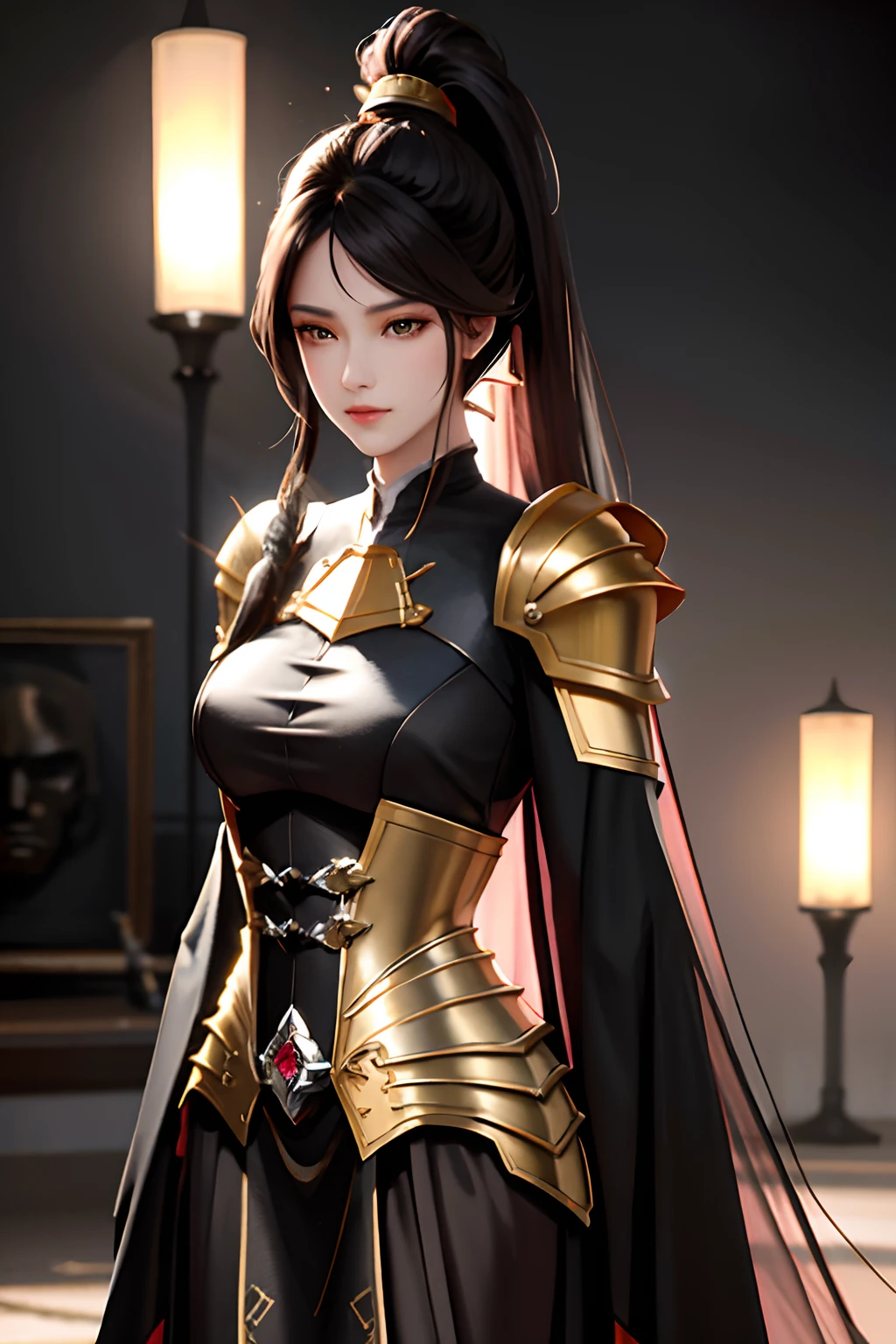 masterpiece, best quality, high quality, High definition, High quality texture, High quality shadow, high detail, Cinematic Light, sidelighting, Ray tracing, sharp focus, gundam,(battlefield),(gunsmoke),(full body),1 girl, mature woman, chinese style, ancient china, sister, imperial sister, smile, black hair, high ponytail, coiled hair, hairpins, light pink lips, calm, intellectual, brown eyes, tassels, gold thread, beads, armor, shroud silk dress, fine face, facial close-up,Beautiful face,photorealistic, rim lighting, two tone lighting,(high detailed skin:1.2), 8k uhd, dslr, soft lighting, high quality, high resolution,