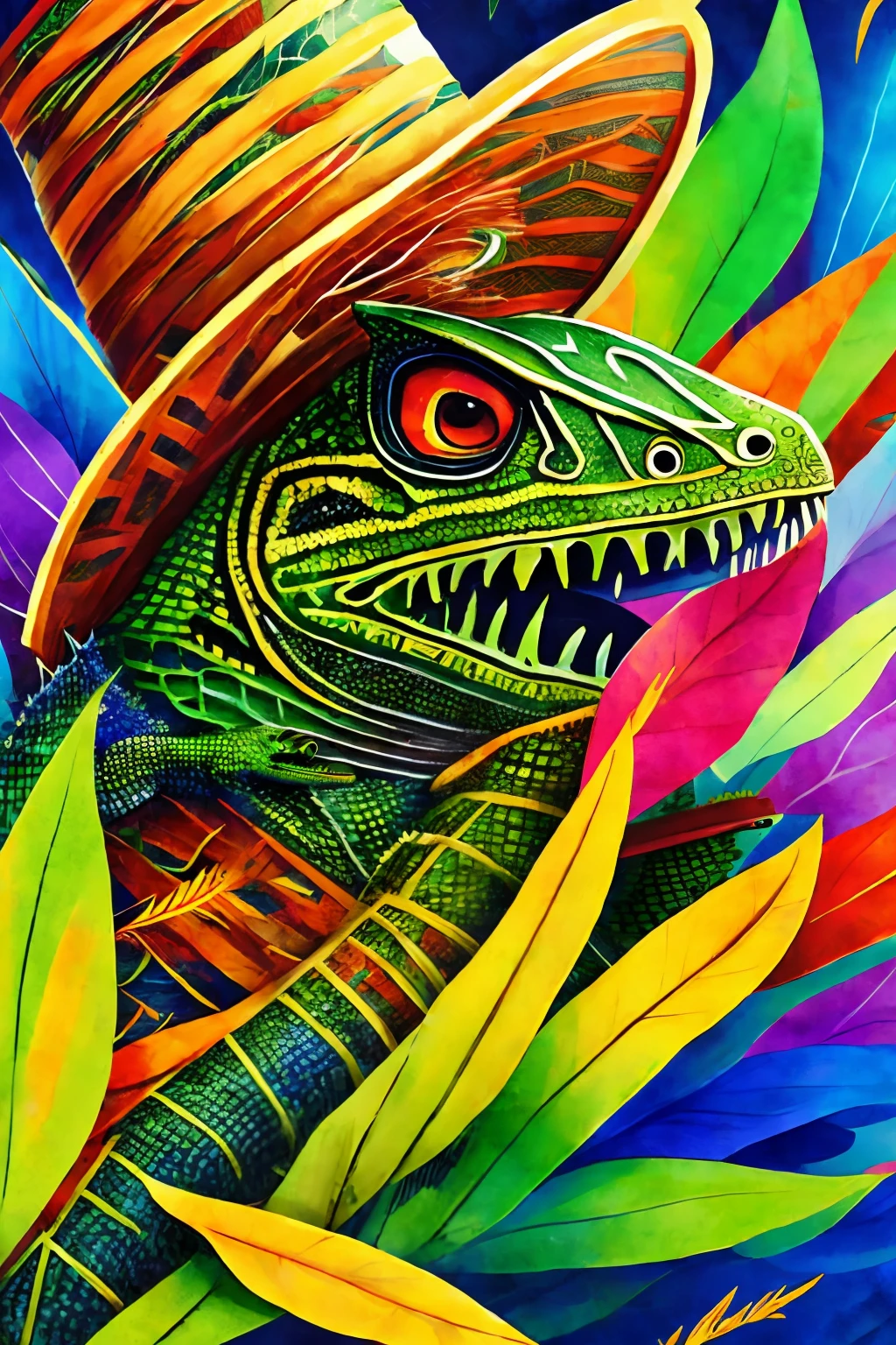 Delve into a world of ninja lizards, where leaves serve as perfect camouflage, and weapons are drawn at lightning speed. See the anthropomorphized creature donning a straw hat, its bright colors shifting as if by magic. Dare to join its thrills and escapades.