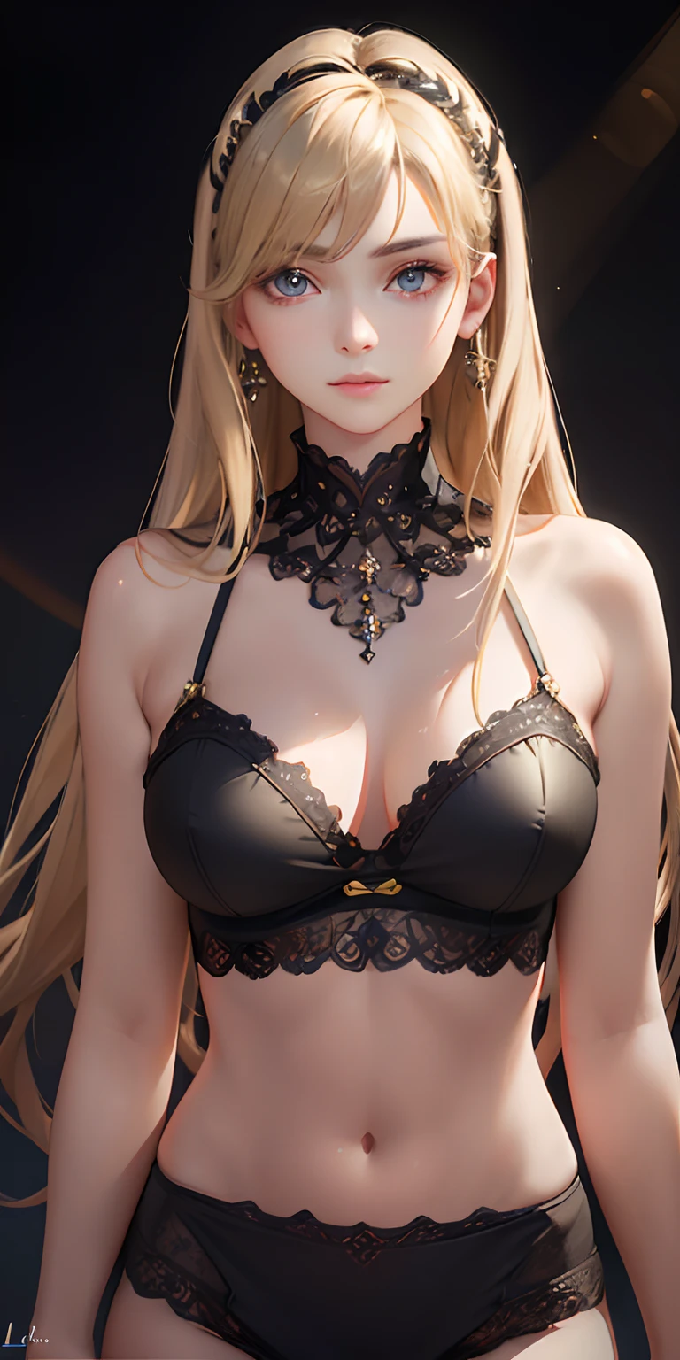(photorealistic:1.4), (masterpiece, sidelighting, finely detailed beautiful eyes: 1.2), masterpiece*portrait, realistic, 3d face, glowing eyes, shiny hair, lustrous skin, solo, embarassed, (midriff), black underwear, blonde hair,