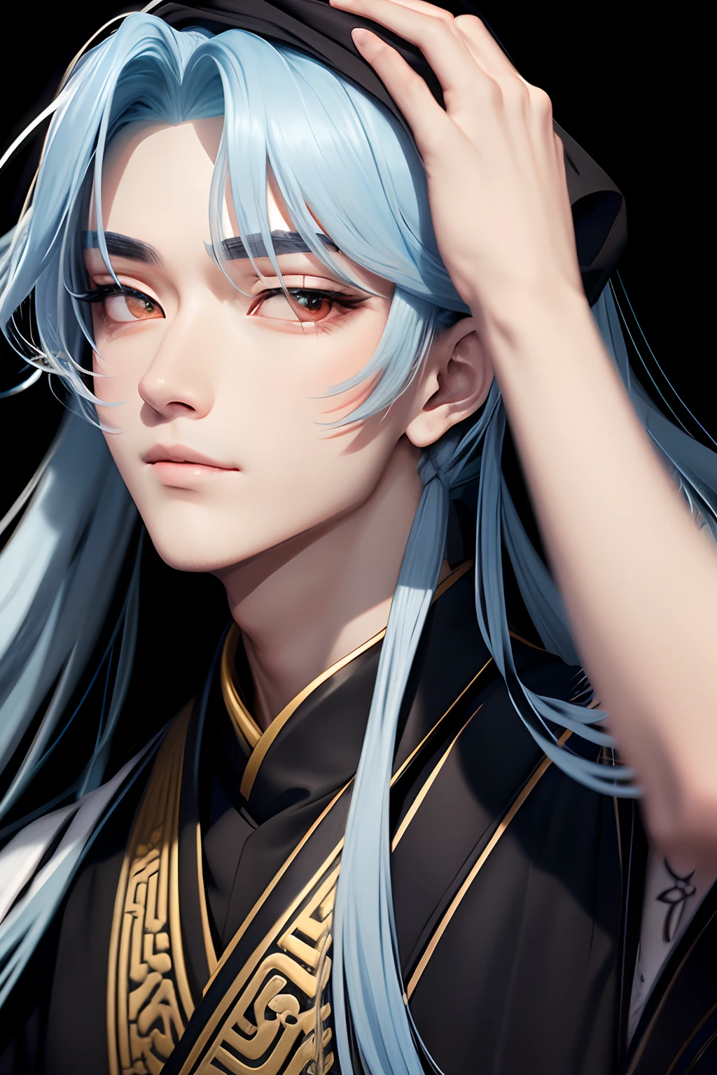 ((dashing)), a swordsman dressed in ancient Chinese costume, ((dressed elegantly and exudes an ethereal charm)), tall and slender build, ((handsome facial features)), picturesque brows and eyes, long flowing hair, often covered with a black headband, agile and graceful movements, slim figure, and bright piercing eyes.