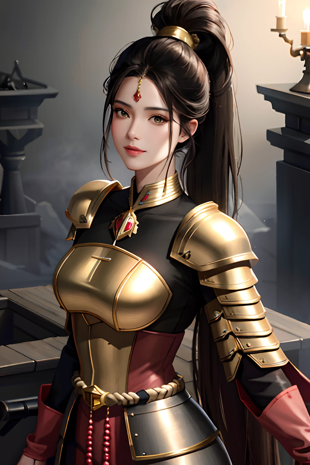 masterpiece, best quality, high quality, High definition, High quality texture, High quality shadow, high detail, Cinematic Light, sidelighting, Ray tracing, sharp focus, gundam,(battlefield),(gunsmoke),(full body),1 girl, mature woman, chinese style, ancient china, sister, imperial sister, smile, black hair, high ponytail, coiled hair, hairpins, light pink lips, calm, intellectual, brown eyes, tassels, gold thread, beads, armor, shroud silk dress, fine face, facial close-up,Beautiful face,photorealistic, rim lighting, two tone lighting,(high detailed skin:1.2), 8k uhd, dslr, soft lighting, high quality, high resolution, 