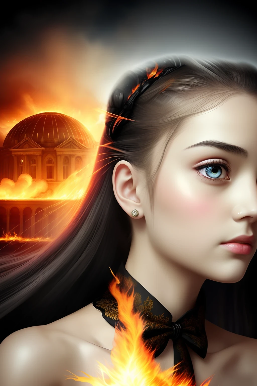 masterpiece,best quality, illustration,{beautiful detailed girl},beautiful detailed glow,(flames of war:1.2),(nuclear explosion behide:1.3),rain,detailed lighting,detailed water,(beautiful detailed eyes:1.1),expressionless,palace,azure hair,disheveled hair,long bangs,hairs between eyes,(whitegrey dress:1.1),black ribbon,white bowties,midriff,big forhead,blank stare,flower,long sleeves