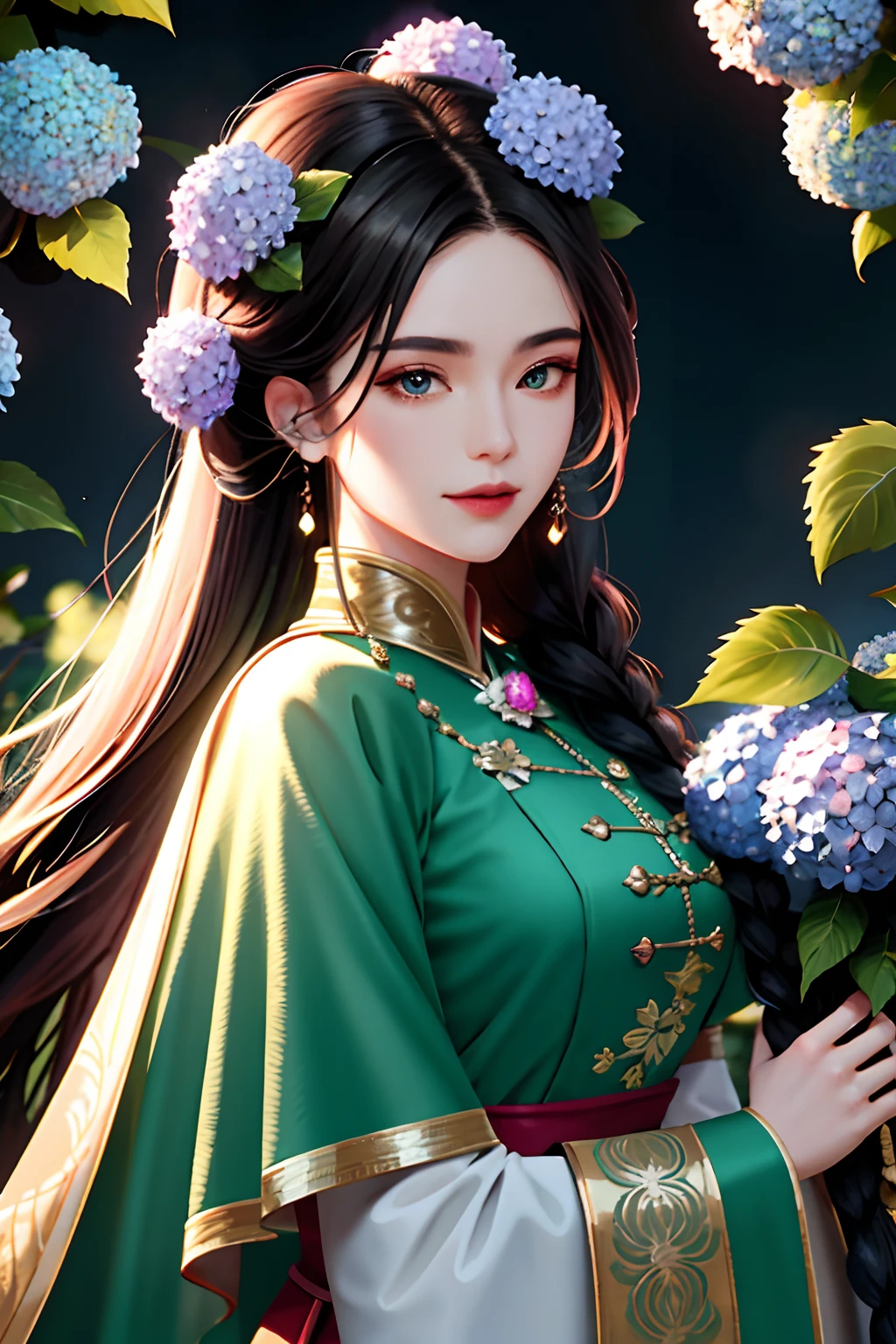 masterpiece, best quality, high quality, High definition, High quality texture, High quality shadow, high detail, Cinematic Light, sidelighting, Ray tracing, sharp focus, gundam,garden,(most of body),night, full moon,1 girl, mature woman, Chinese style, ancient China, sister, imperial sister, smile, dark hair, princess cut, a Fried Dough Twists braid, coiled hair, double ball head, light pink lips, calm, intellectual, middle hair, green eyes, hairpin,(hydrangea:1.2), fine face, facial close-up,ancient Chinese clothes,(Embroidery), cape,Beautiful face,upon_body, tyndall effect,photorealistic, rim lighting, two tone lighting,(high detailed skin:1.2), 8k uhd, dslr, soft lighting, high quality, Photograph, high resolution, 4k, 8k, Bokeh