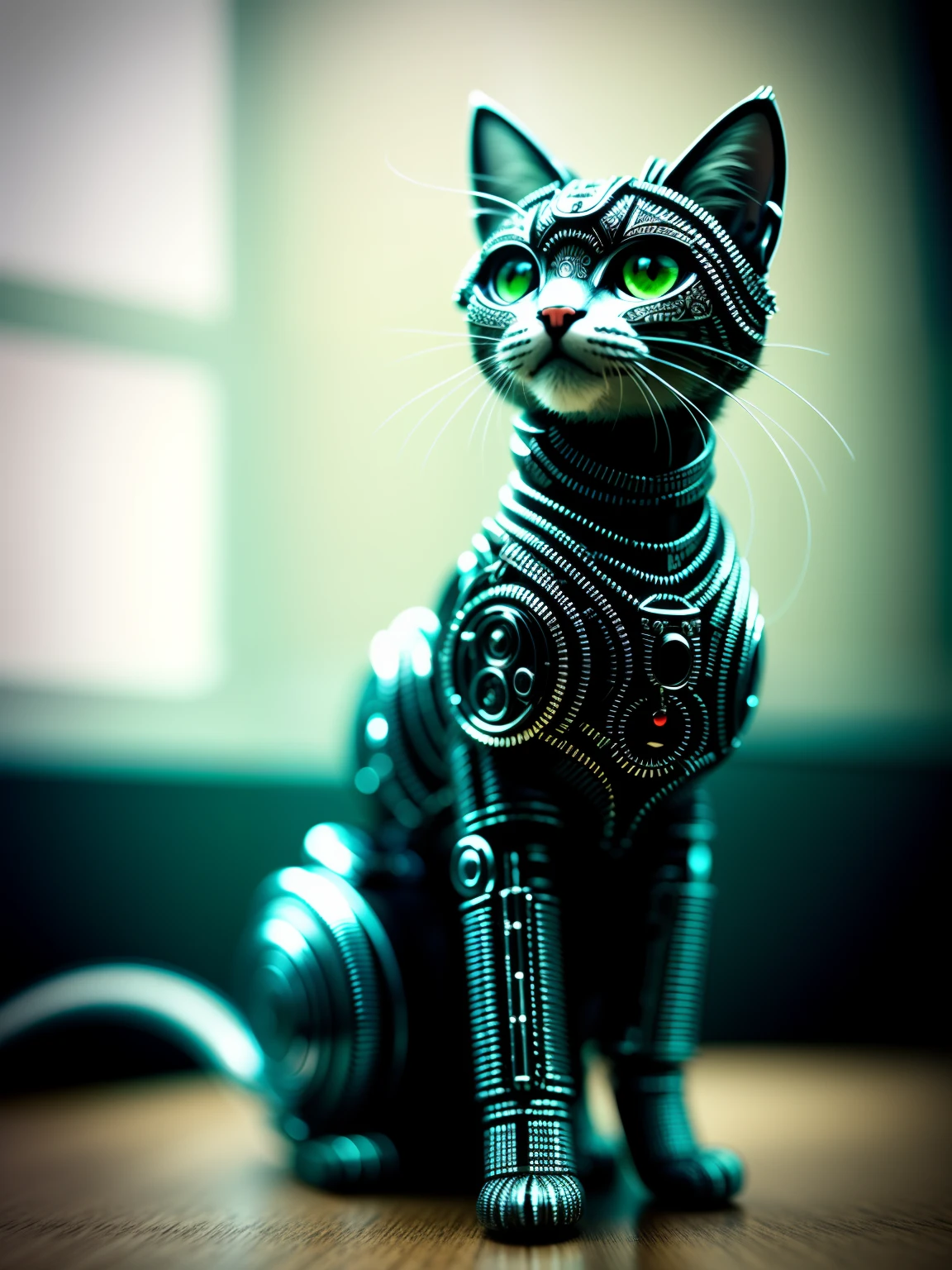 a cute kitten made out of metal, (cyborg:1.1), ([tail | detailed wire]:1.3), (intricate details), hdr, (intricate details, hyperdetailed:1.2), cinematic shot, vignette, centered