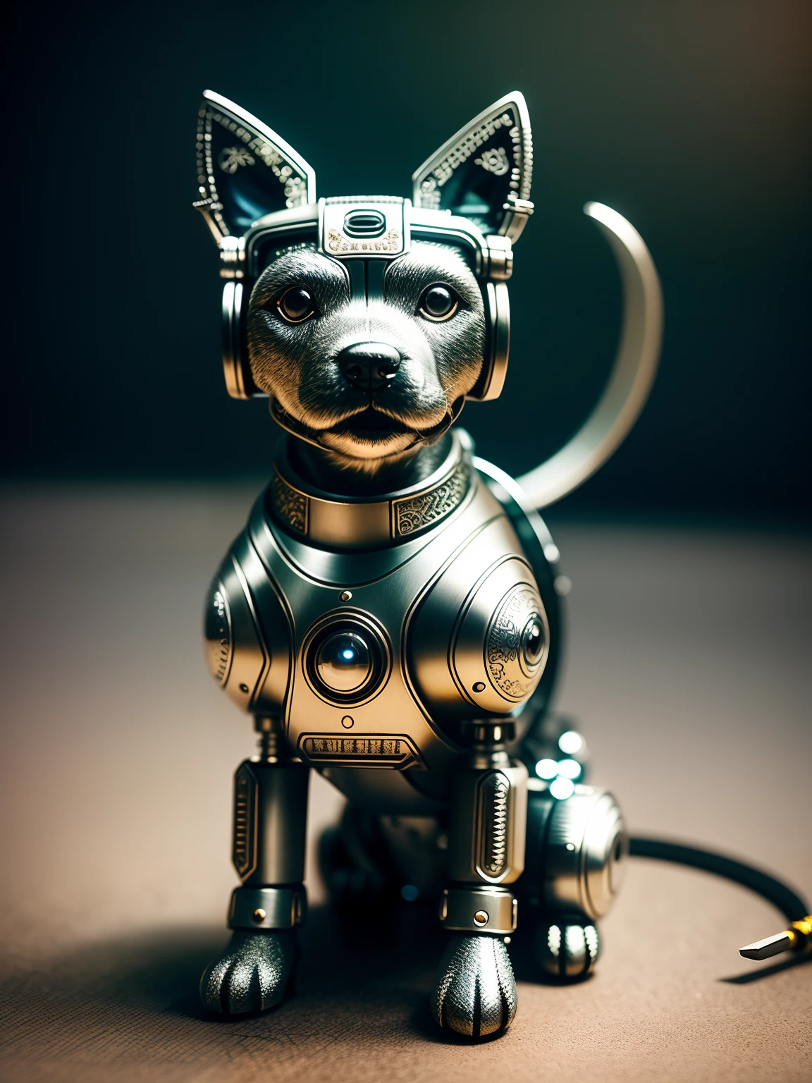 a cute dog made out of metal, (cyborg:1.1), ([tail | detailed wire]:1.3), (intricate details), hdr, (intricate details, hyperdetailed:1.2), cinematic shot, vignette, centered