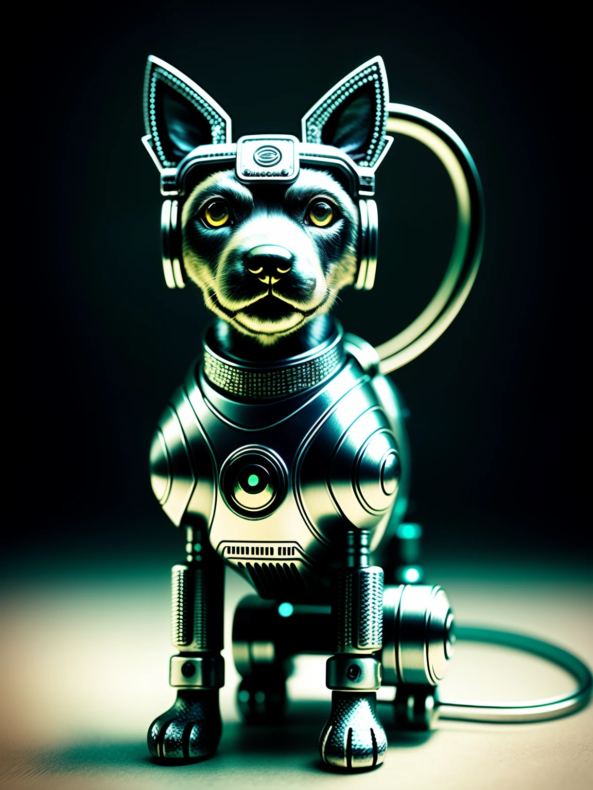 a cute dog made out of metal,He has sparkling eyes,cartoon style (cyborg:1.1), ([tail | detailed wire]:1.3), (intricate details), hdr, (intricate details, hyperdetailed:1.2), cinematic shot, vignette, centered