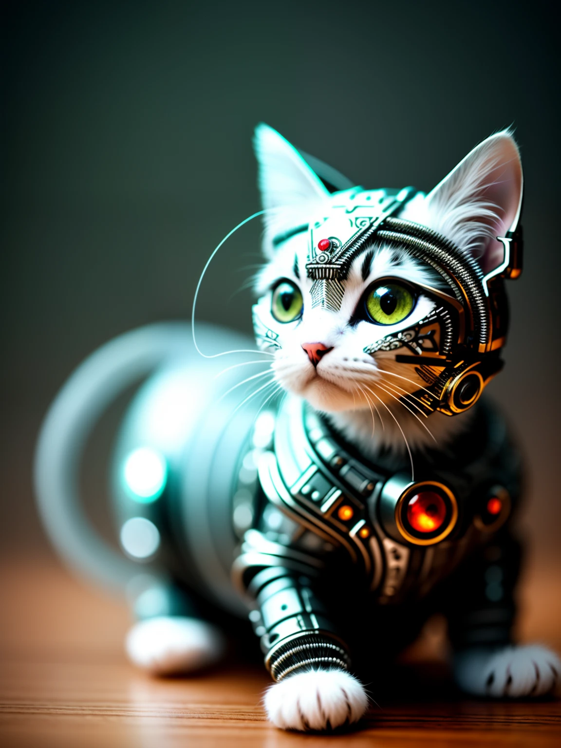 a cute kitten made out of metal, (cyborg:1.1), ([tail | detailed wire]:1.3), (intricate details), hdr, (intricate details, hyperdetailed:1.2), cinematic shot, vignette, centered
