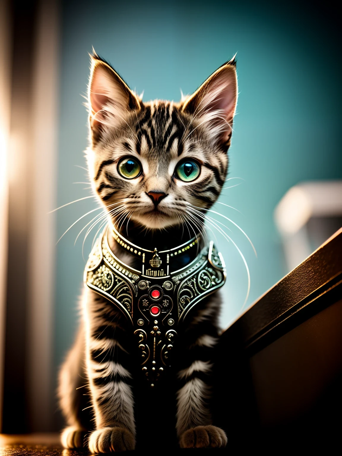 a cute kitten made out of metal, (cyborg:1.1), ([tail | detailed wire]:1.3), (intricate details), hdr, (intricate details, hyperdetailed:1.2), cinematic shot, vignette, centered