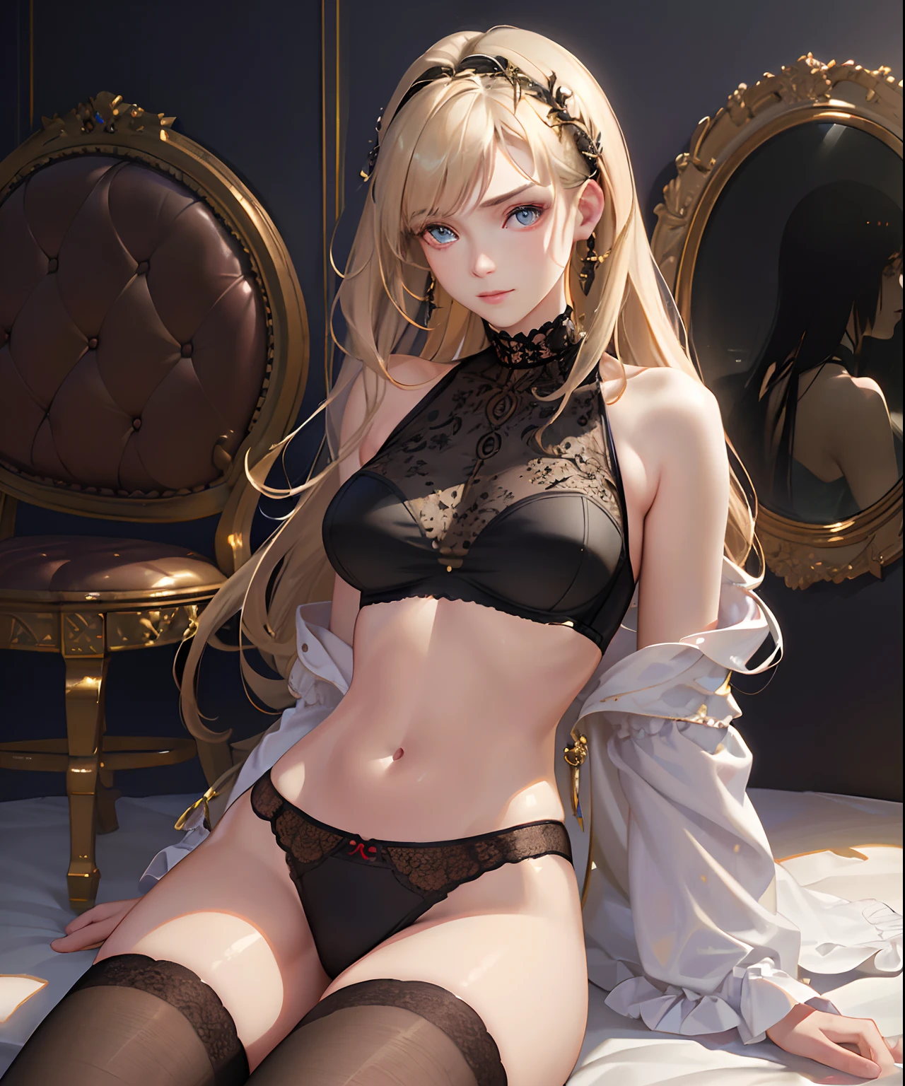 (photorealistic:1.4), (masterpiece, sidelighting, finely detailed beautiful eyes: 1.2), masterpiece*portrait, realistic, 3d face, glowing eyes, shiny hair, lustrous skin, solo, embarassed, (midriff), black underwear, blonde hair,