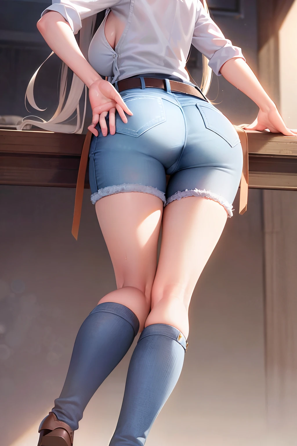 (masterpiece, best quality, ultra detailed), extremely detailed CG unity 8k wallpaper,(best illumination, best shadow, an extremely delicate and beautiful), dynamic angle, finely detail, depth of field, bloom, shine, glinting stars, [classic], [illustration], [painting], highres, original, perfect lighting, colorful, from behind,  (looking at viewer), sky, [hand on hip], solo, 1girl, long hair, (sidelocks), light blush, breasts, white shirt, wet shirt, see through, belt, (ass focus:0.8), thighs, thigh gap, cameltoe, (denim),(jeans), pants, pocket, [dimples of venus] almost naked, 