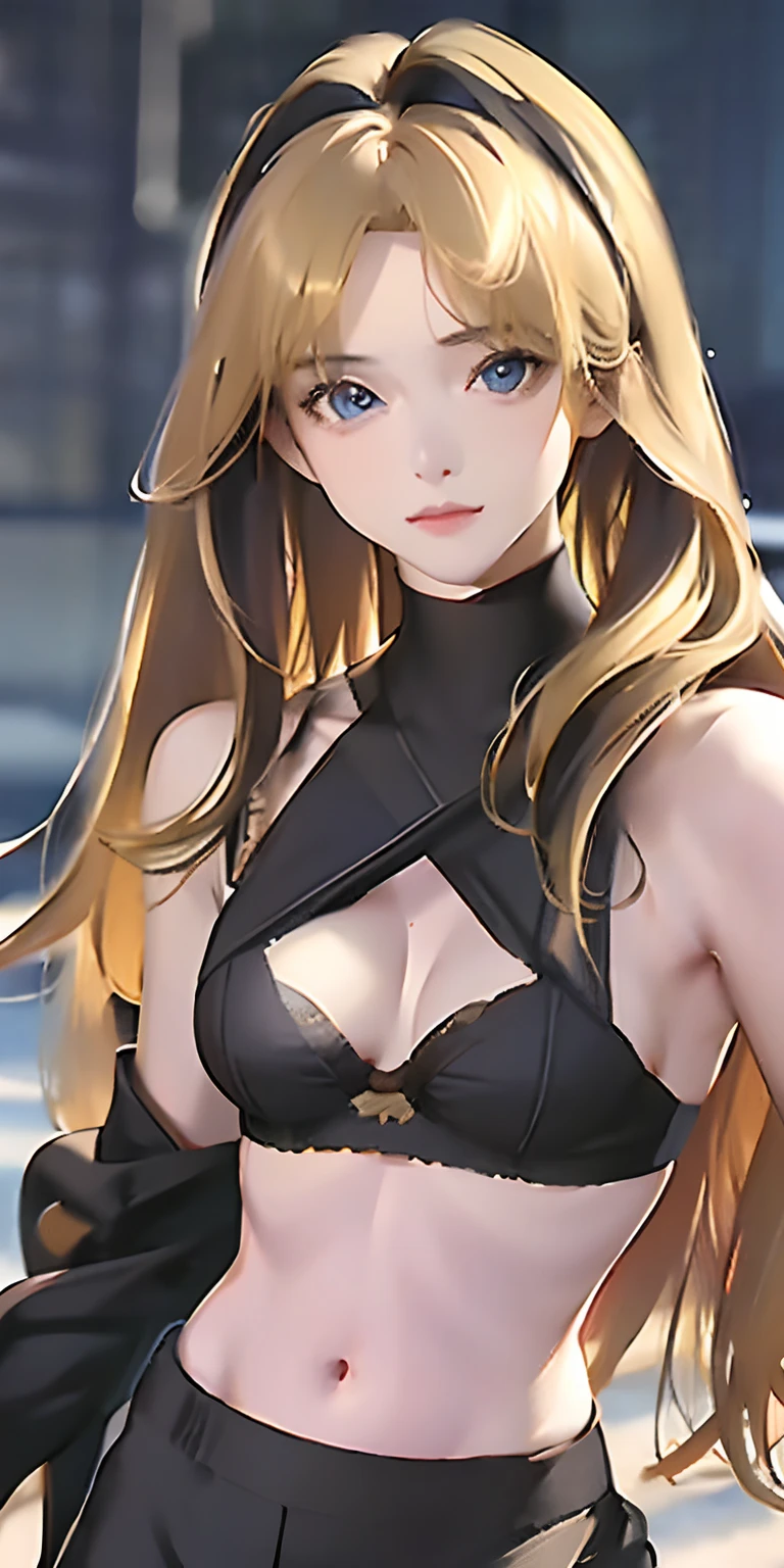 (photorealistic:1.4), (masterpiece, sidelighting, finely detailed beautiful eyes: 1.2), masterpiece*portrait, realistic, 3d face, glowing eyes, shiny hair, lustrous skin, solo, embarassed, (midriff), black underwear, blonde hair,