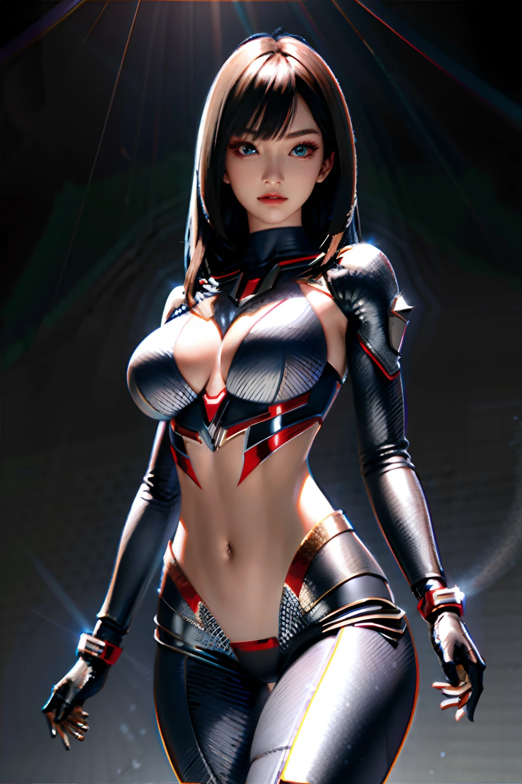 Ultraman，The Ultraman，masterpiece, best quality, high quality, High definition, High quality texture, High quality shadow, high detail, beautiful detailed, finely detailed, extremely detailed cg, detailed texture, a realistic representation of the face, realistic, colorful, delicate, Cinematic Light, sidelighting, Lens Flare, Ray tracing, sharp focus, (1girl, __focus__:1.3), (intricate details, makeup, PureErosFace_V1:0.5), (detailed beautiful delicate face, detailed beautiful delicate eyes, a face of perfect proportion, high detailed skin, detailed skin, best ratio four finger and one thumb, arms under , medium large breast hips, smooth midriff, skiny and thin, __fashion__, __hair__:1.3), __location__，no hands,no more hands,no missing fingers，