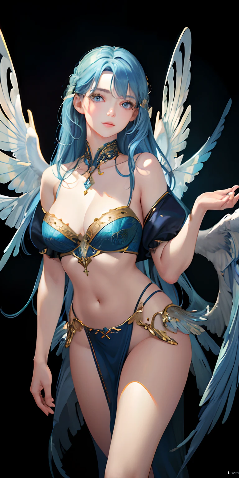 (photorealistic:1.4), (masterpiece, sidelighting, finely detailed beautiful eyes: 1.2), masterpiece*portrait, realistic, 3d face, glowing eyes, blue hair, lustrous skin, solo, wings, open clothes, (midriff), barcode. bottomless