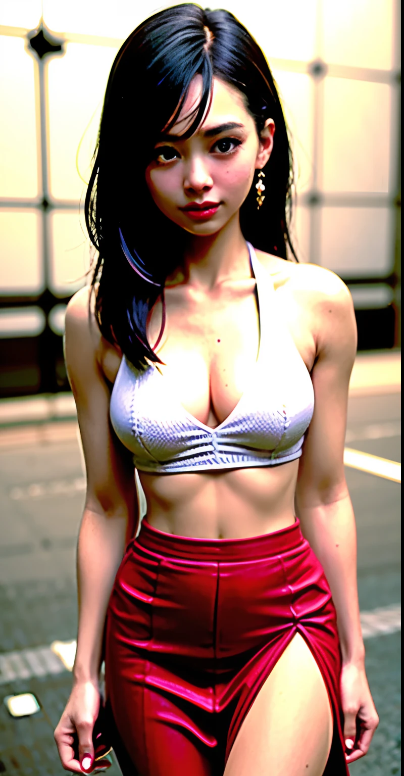 masterpiece, best quality, highres, (photorealistic:1.4), earrings, (depth of field:1.8), beautiful chinese girl, thigh gap, 1 girl,cute, strong, woman, (solo:1.1), red, (slit skirt curtain:1.5),(halter neck t-shirt), shinobi, ninja, bare shoulder, elbow gloves, (looking at viewer:1.2), (smile:1.2), (full body:1.), (in the city:1.5), medium breast, (pureerosface_v1:0.5), ulzzang-6500-v1.1