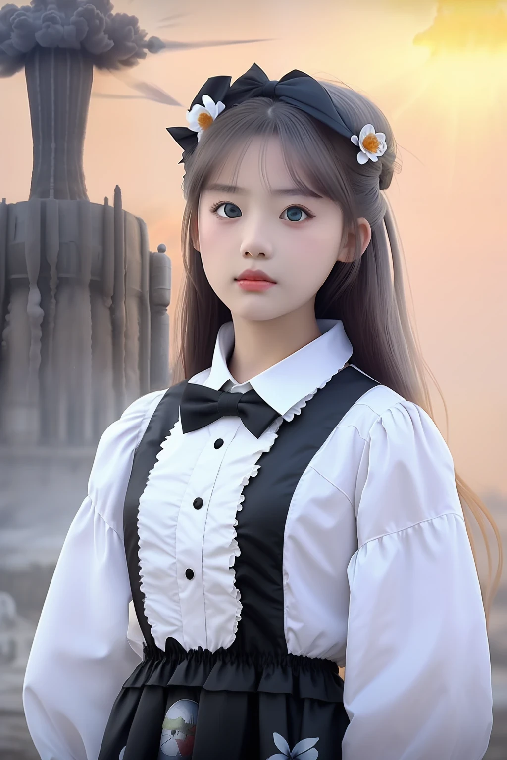 masterpiece,best quality, illustration,{beautiful detailed girl},beautiful detailed glow,(flames of war:1.2),(nuclear explosion behide:1.3),rain,detailed lighting,detailed water,(beautiful detailed eyes:1.1),expressionless,palace,azure hair,disheveled hair,long bangs,hairs between eyes,(whitegrey dress:1.1),black ribbon,white bowties,midriff,big forhead,blank stare,flower,long sleeves