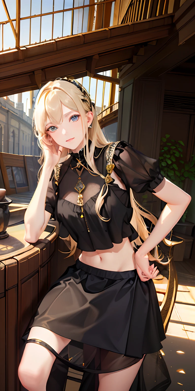 (photorealistic:1.4), (masterpiece, sidelighting, finely detailed beautiful eyes: 1.2), masterpiece*portrait, realistic, 3d face, glowing eyes, shiny hair, lustrous skin, solo, embarassed, (midriff), black underwear, blonde hair,