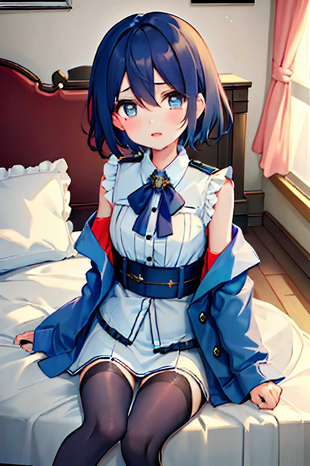 ((masterpiece, best quality)), one girl, dark blue short hair, crying, tears, thigh-highs, open the clothes, handcuffs, sitting on the bed, bedroom,