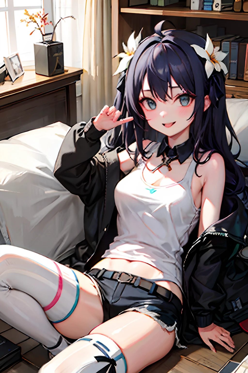 masterpiece, best quality, girl, alternate hair length, absurdly long hair, black hair, ahoge, hair bow, aqua eyes, seductive smile, tongue, black eyes, longeyelashes, large breasts, mole on breast, tank_top, short shorts, black thighhighs, leg belt, shoes , pendant, hair ribbon, flower ribbon, hairband, hairclip, hair_ribbon, hair_flower,