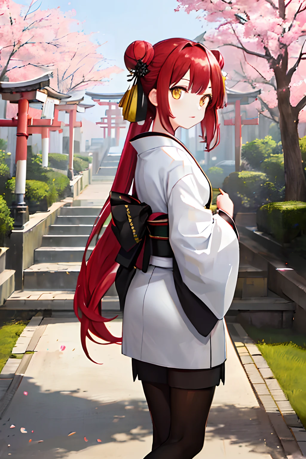 ((masterpiece,best quality)),2girls, black kimono, black legwear, black ribbon, black hair, cherry blossoms, day, flower, hair bun, hair ribbon, japanese clothes, kimono, long hair, looking at viewer, looking back, multiple girls, obi, outdoors, red eyes, red hair, ribbon, sandals, single hair bun, stairs, standing, statue, torii, tree, white kimono, yellow eyes
