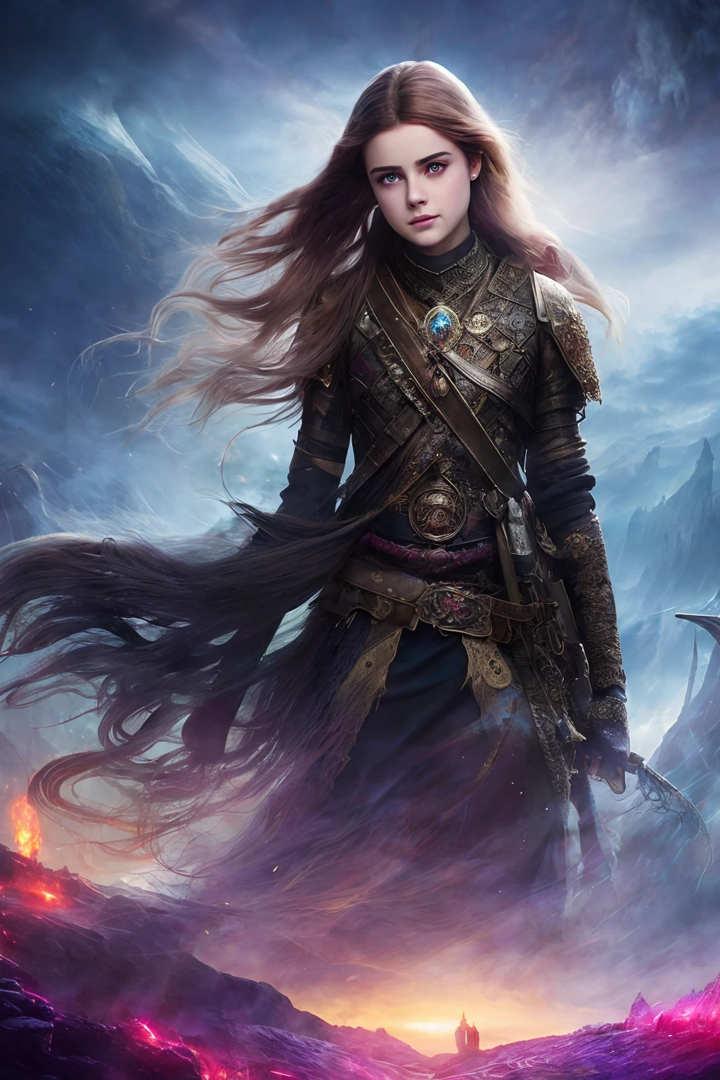 (highly detailed:1.2),(best quality:1.2),8k,(subsurface scattering:1.1),  (epic wide shot:1.2),(full body:1.2), (award-winning photograph:1.2)
(rocky sandy road leading to an ancient fantasy castle:1.2), (beautiful sorcerer casting a giant spell:1.2),beautiful detailed glow,(swirling multicolored magic:1.2), (beautiful detailed eyes),smile, kiernan shipka mackenzie foy, (detailed lips:1.4), (realistic:1.2), 1girl, very long messy ponytail, translucent hair
(highly detailed background:1.3),  (fantasy:1.2),  dramatic lighting