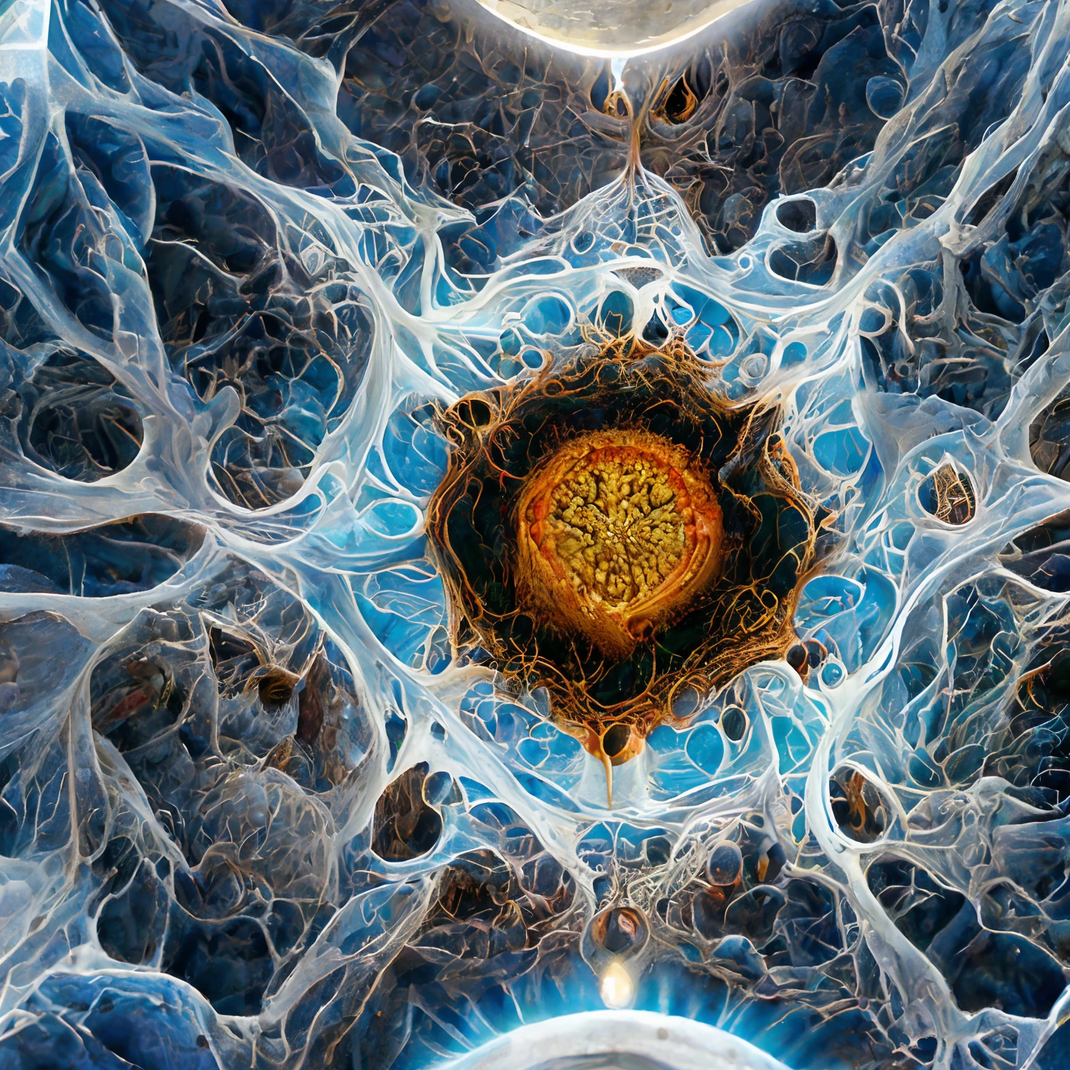 The intricate details of a cell's nucleus and gene factors under a microscope create an awe-inspiring masterpiece of color and texture, with unparalleled ultra-detailed quality that shines a light on the fascinating world of science.