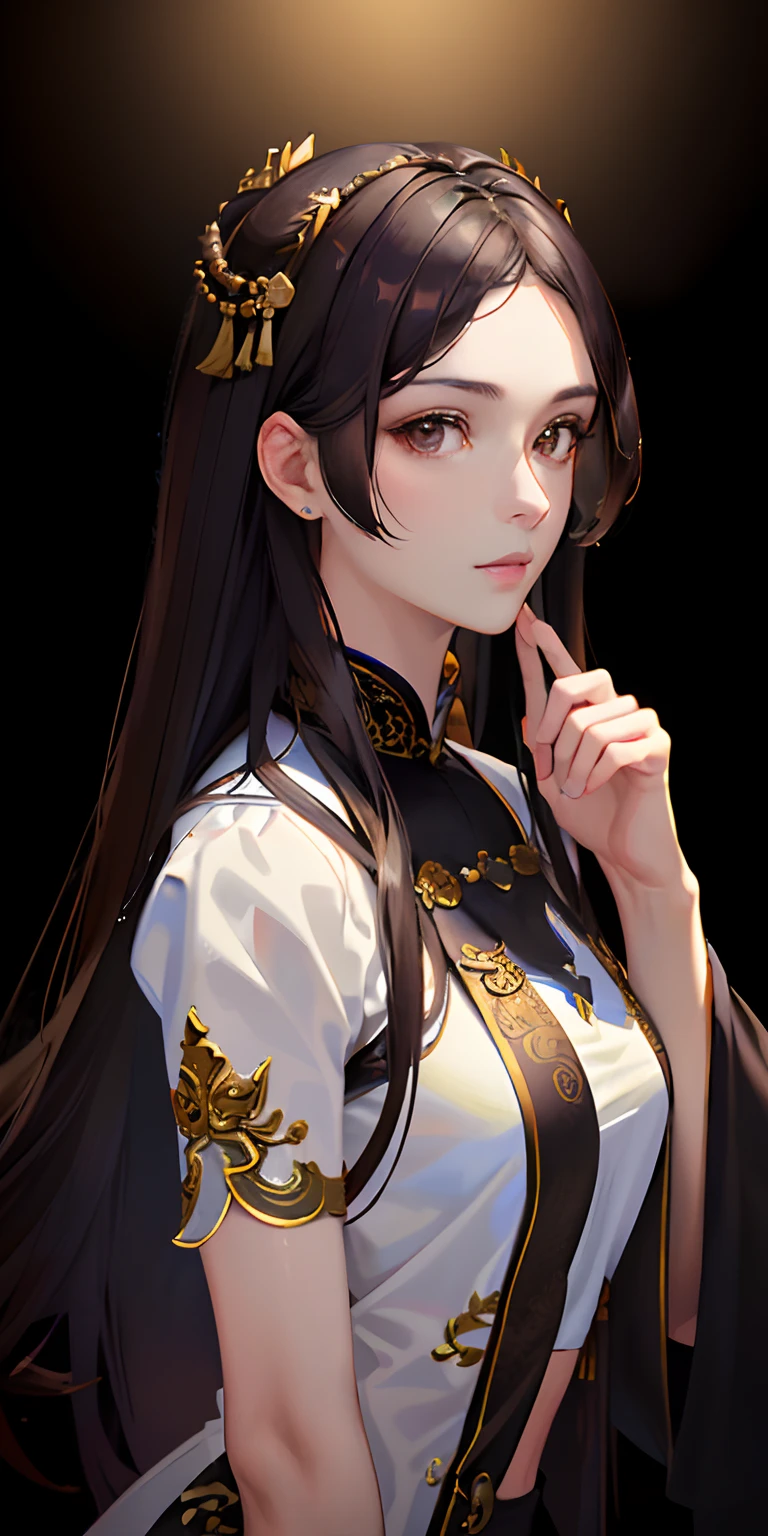 (photorealistic:1.4), (masterpiece, side lighting, finely detailed beautiful brown eyes: 1.2), masterpiece*portrait, glowing brown eyes, shiny hair, lustrous skin, solo, midriff, long black hair, xianxia, lowcut, Chinese traditional style