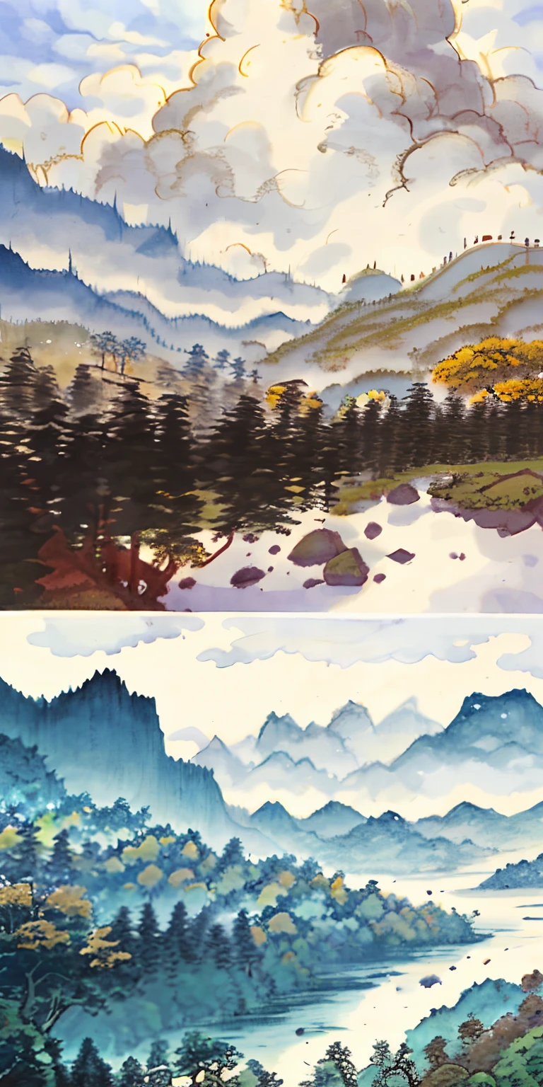 masterpiece, best quality, high quality, extremely detailed CG unity 8k wallpaper, scenery, outdoors, sky, cloud, day, no humans, mountain, landscape, water, tree, blue sky, waterfall, cliff, nature, lake, river, cloudy sky,award winning photography, Bokeh, Depth of Field, HDR, bloom, Chromatic Aberration ,Photorealistic,extremely detailed, trending on artstation, trending on CGsociety, Intricate, High Detail, dramatic, art by midjourney