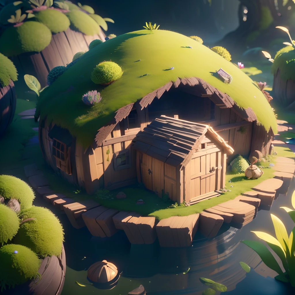 masterpiece, best quality, (extremely detailed CG unity 8k wallpaper), (best quality), (best illustration), (best shadow), A round turnip hut covered with moss, isometric 3D, octane render,ray tracing,ultra detailed