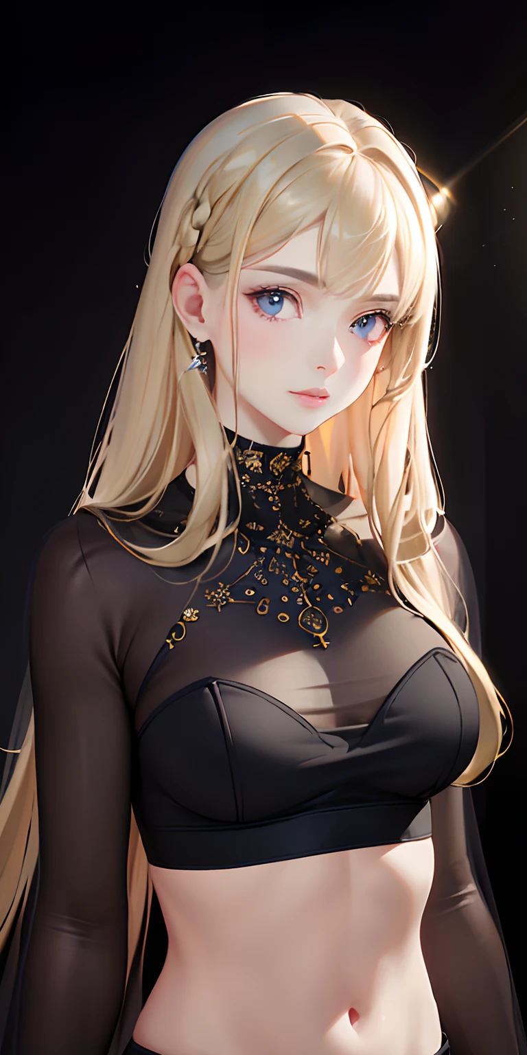 (photorealistic:1.4), (masterpiece, sidelighting, finely detailed beautiful eyes: 1.2), masterpiece*portrait, realistic, 3d face, glowing eyes, shiny hair, lustrous skin, solo, embarassed, (midriff), black underwear, blonde hair,