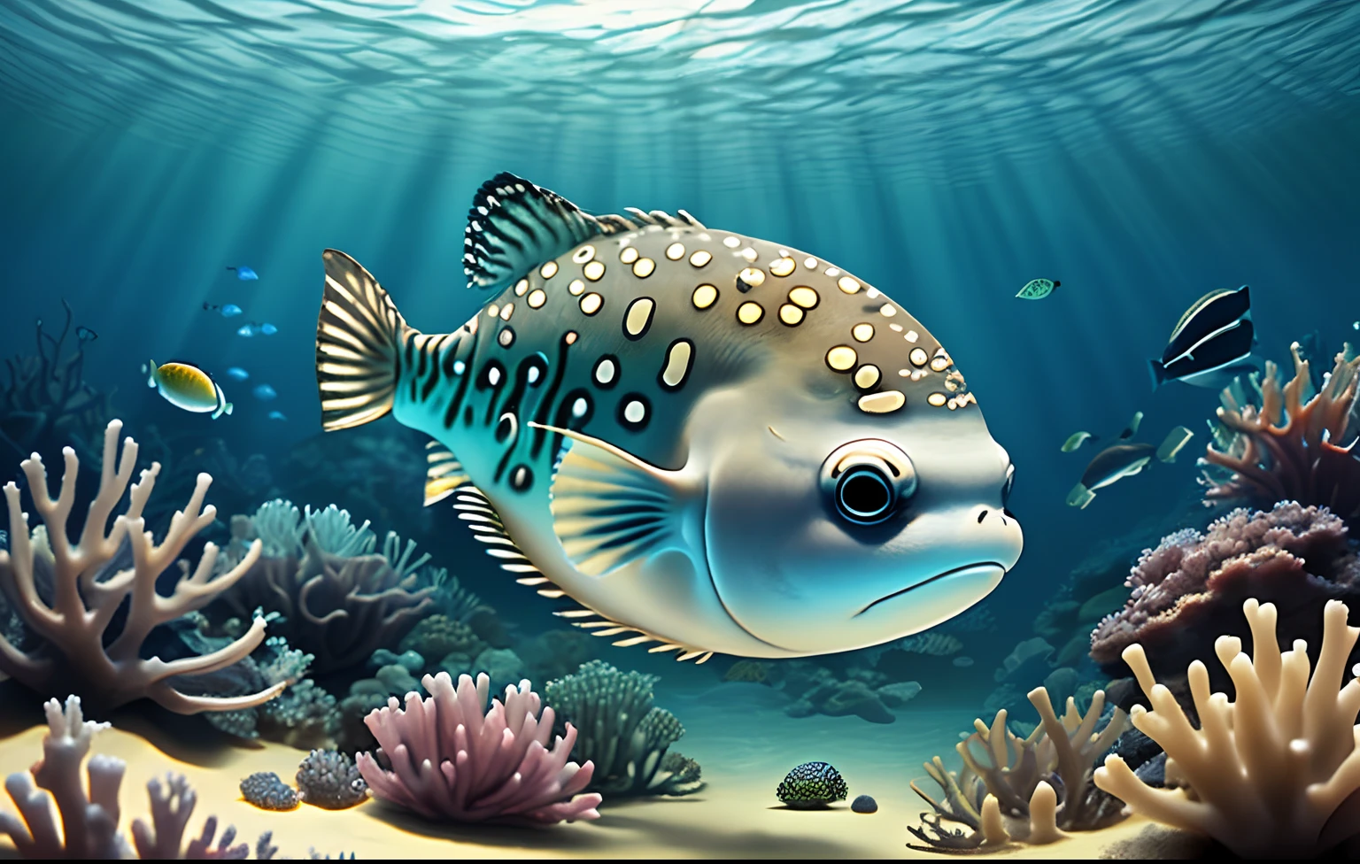 a puffer fish swimming in reef, (photo realistic), (best quality), (best illustration), (best shadow)