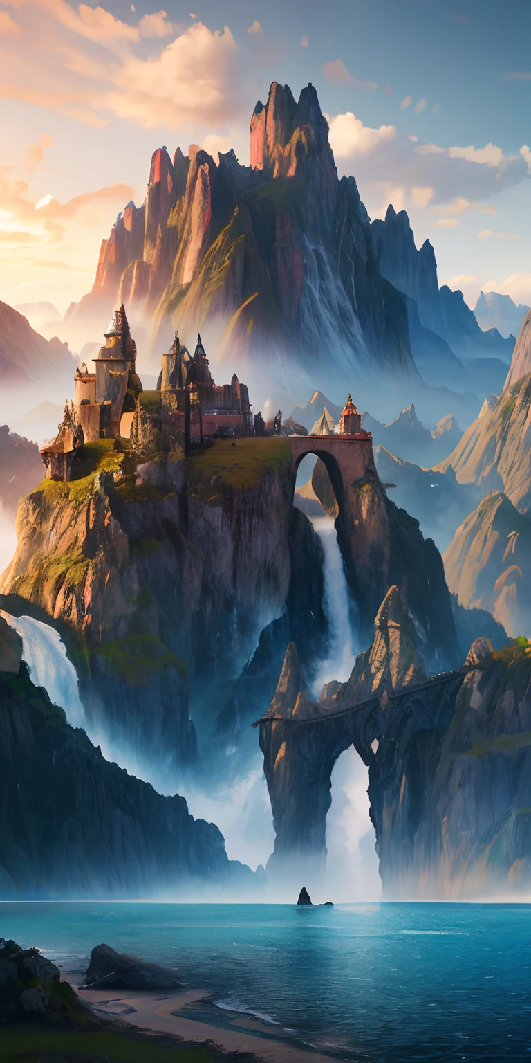 masterpiece, best quality, high quality, extremely detailed CG unity 8k wallpaper, scenery, outdoors, sky, cloud, day, no humans, mountain, landscape, water, tree, blue sky, waterfall, cliff, nature, lake, river, cloudy sky,award winning photography, Bokeh, Depth of Field, HDR, bloom, Chromatic Aberration ,Photorealistic,extremely detailed, trending on artstation, trending on CGsociety, Intricate, High Detail, dramatic, art by midjourney