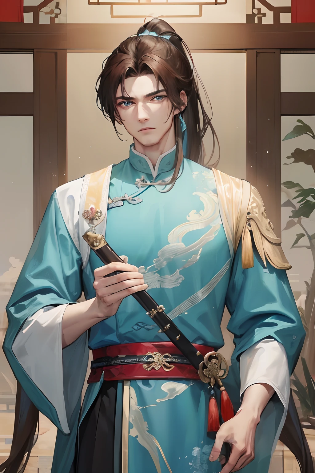 Masterpiece, best quality, daytime, 1 man, mature man, Chinese style, ancient China, Chinese palace, eagle, turquoise brown hair, gray blue eyes, forked hair, long hair, long bangs, ponytail, handsome, handsome, masculine, serious, gentle, tall, quiet, light blue clothing, unicorn pattern, prince, sword