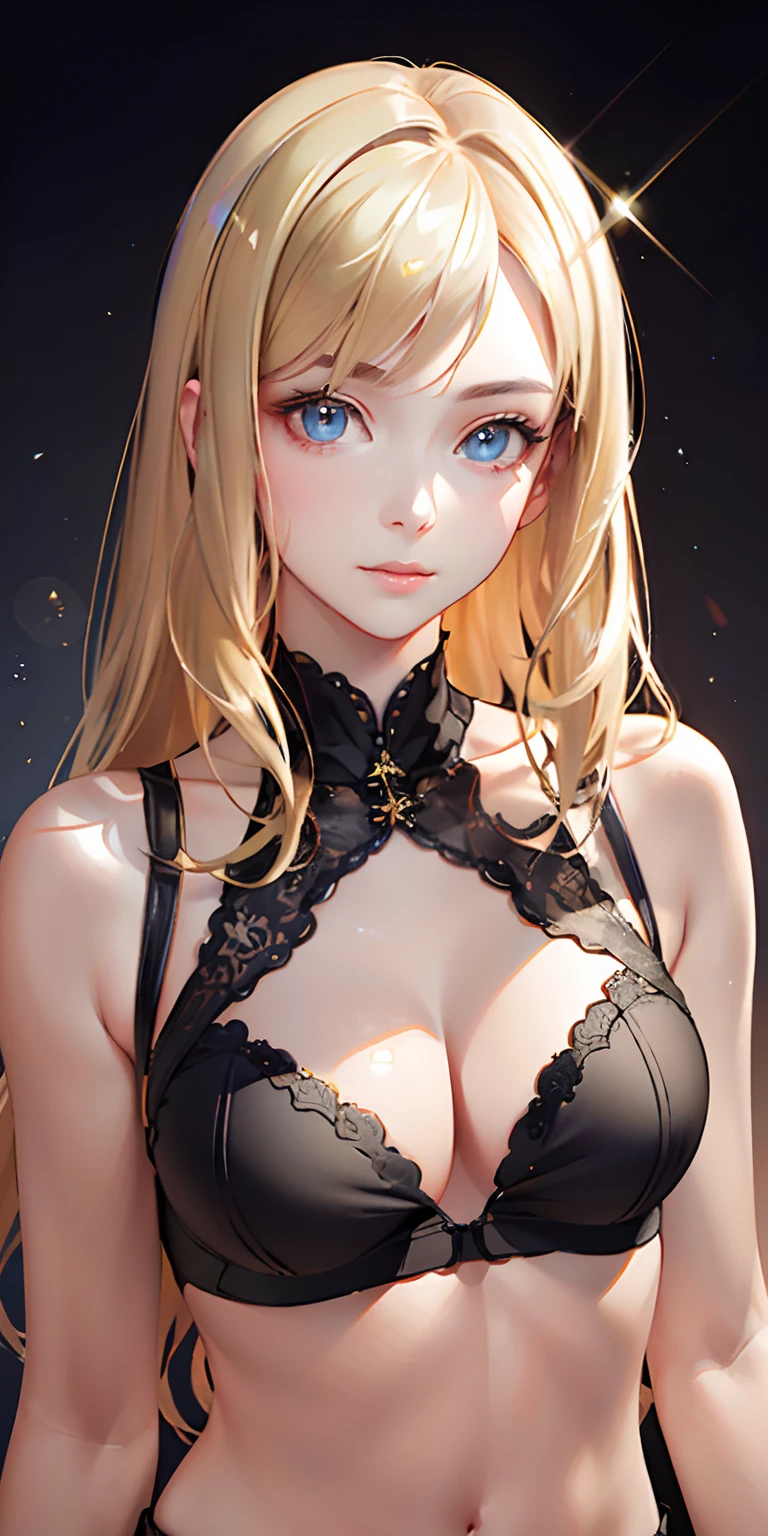 (photorealistic:1.4), (masterpiece, sidelighting, finely detailed beautiful eyes: 1.2), masterpiece*portrait, realistic, 3d face, glowing eyes, shiny hair, lustrous skin, solo, embarassed, (midriff), black underwear, blonde hair,