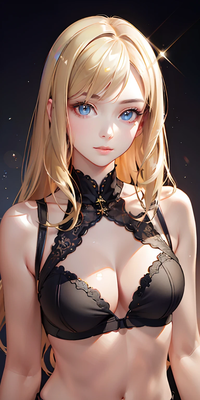 (photorealistic:1.4), (masterpiece, sidelighting, finely detailed beautiful eyes: 1.2), masterpiece*portrait, realistic, 3d face, glowing eyes, shiny hair, lustrous skin, solo, embarassed, (midriff), black underwear, blonde hair,