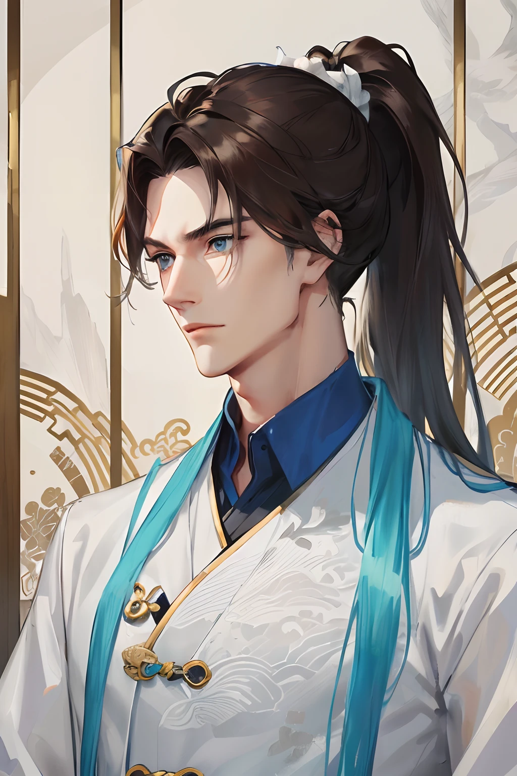 Masterpiece, best quality, daytime, 1 man, mature man, Chinese style, ancient China, Chinese palace, eagle, turquoise brown hair, gray blue eyes, forked hair, long hair, long bangs, ponytail, handsome, handsome, masculine, serious, gentle, tall, quiet, white clothing, unicorn pattern, prince, sword