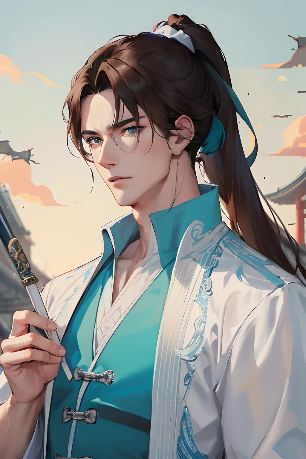 Masterpiece, best quality, daytime, 1 man, mature man, Chinese style, ancient China, Chinese palace, eagle, turquoise brown hair, gray blue eyes, forked hair, long hair, long bangs, ponytail, handsome, handsome, masculine, serious, gentle, tall, quiet, white clothing, unicorn pattern, prince, sword