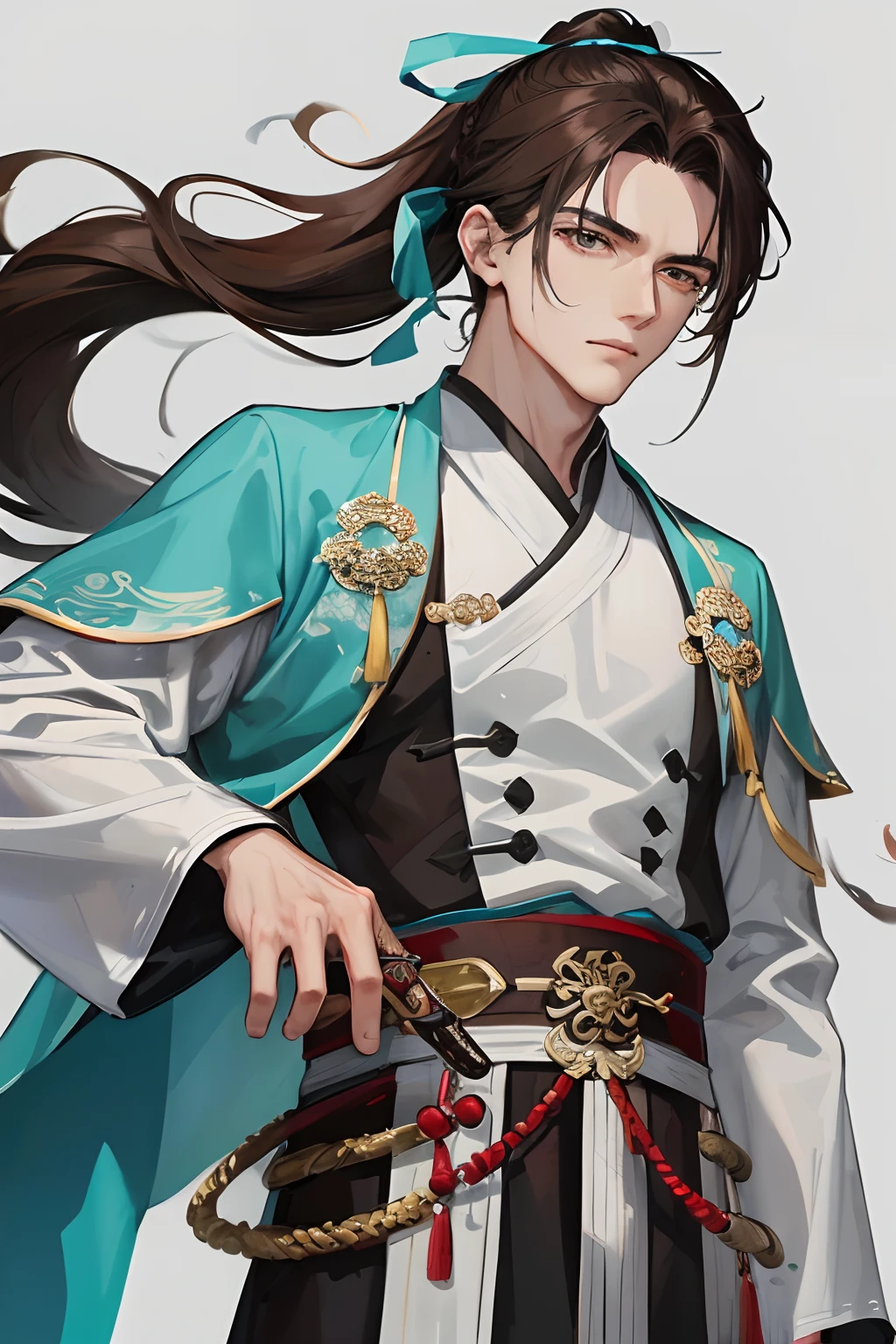 Masterpiece, best quality, daytime, 1 man, mature man, Chinese style, ancient China, Chinese palace, eagle, turquoise brown hair, gray eyes, forked hair, long hair, long bangs, high ponytail, handsome, handsome, masculine, serious, gentle, tall, quiet, gray clothing, unicorn pattern, prince, sword