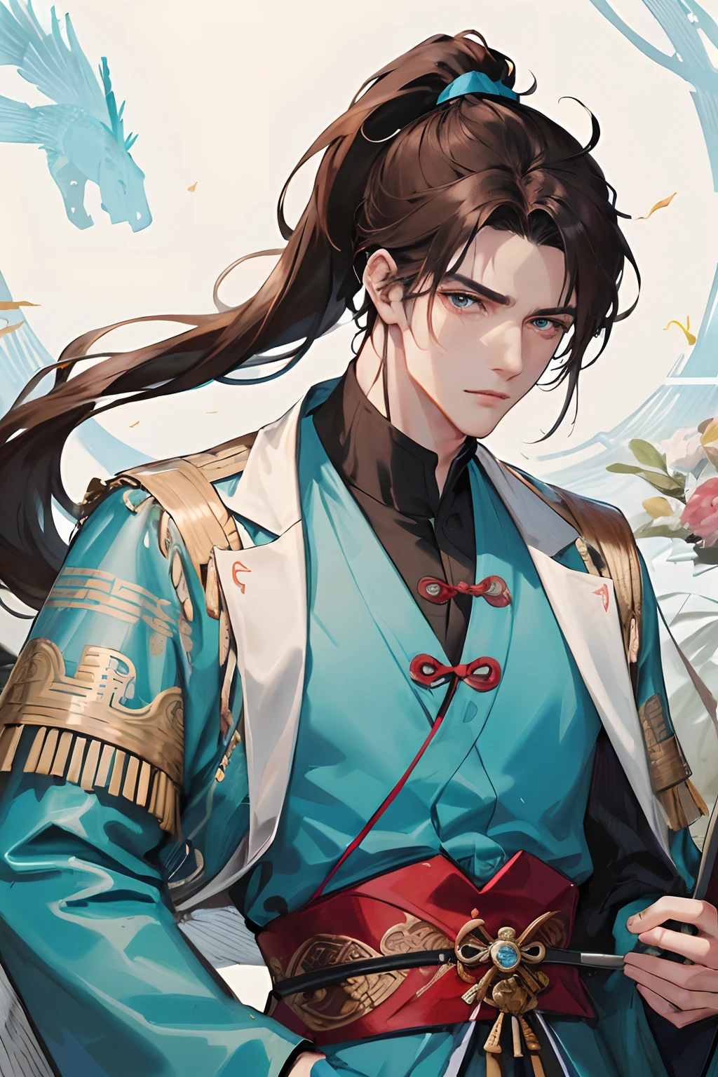 Masterpiece, best quality, daytime, 1 man, mature man, Chinese style, ancient China, Chinese palace, eagle, turquoise brown hair, gray blue eyes, forked hair, long hair, long bangs, high ponytail, handsome, handsome, masculine, serious, gentle, tall, quiet, dark blue clothing, unicorn pattern, prince, sword