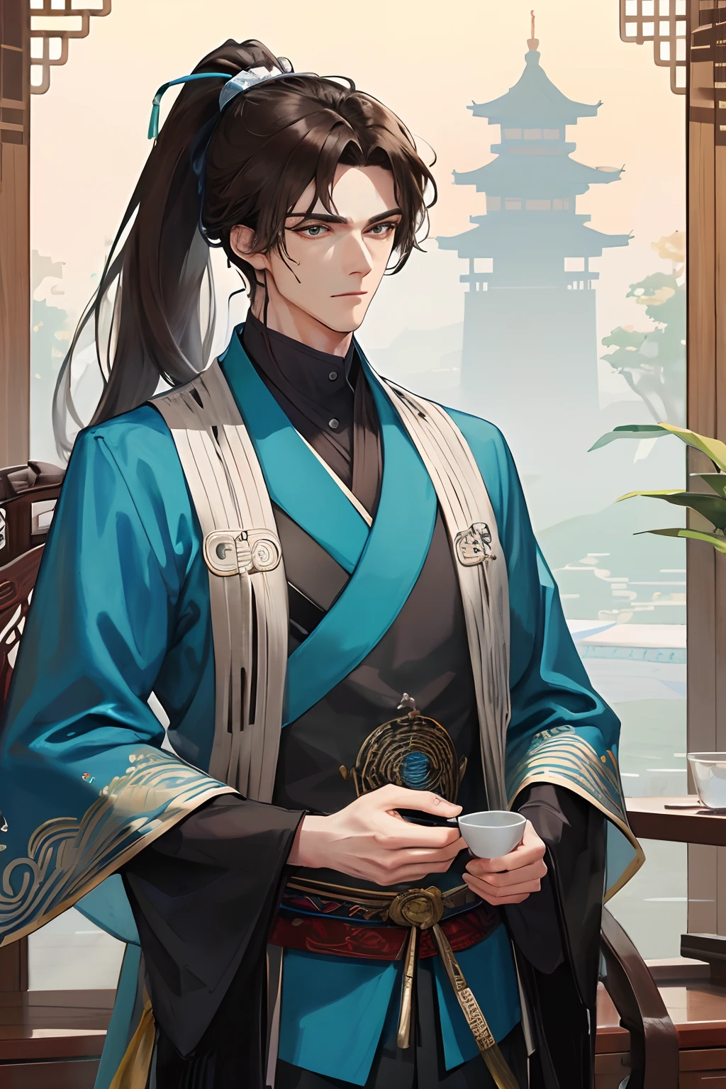 Masterpiece, best quality, daytime, 1 man, mature man, Chinese style, ancient China, Chinese palace, eagle, turquoise brown hair, gray blue eyes, forked hair, long hair, long bangs, high ponytail, handsome, handsome, masculine, serious, gentle, tall, quiet, dark colored clothes, gray blue clothes, dark blue clothes, unicorn pattern, prince, sword