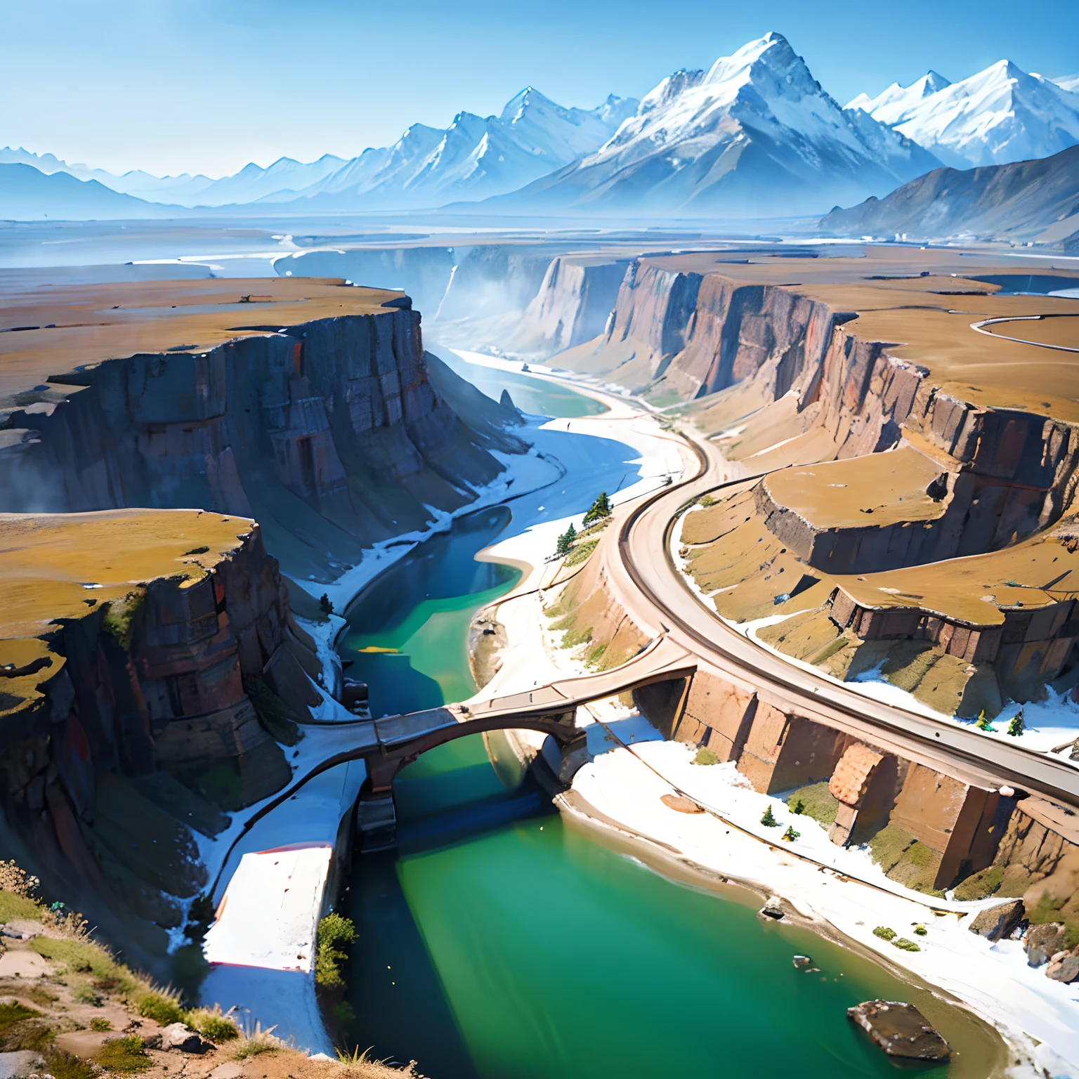 ((high quality)), ((masterpiece)), 8k, A beautiful landscape, buildings, mountains, rivers, snow mountains, army