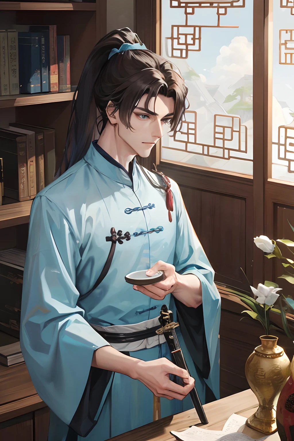 Masterpiece, best quality, daytime, 1 man, mature man, Chinese style, ancient China, Chinese palace, eagle, turquoise brown hair, gray blue eyes, forked hair, long hair, long bangs, high ponytail, handsome, handsome, masculine, serious, gentle, tall, quiet, dark colored clothes, gray blue clothes, dark blue clothes, unicorn pattern, prince, sword, looking down