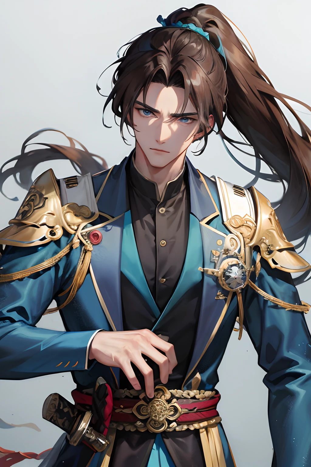 Masterpiece, best quality, daytime, 1 man, mature man, Chinese style, ancient China, Chinese palace, eagle, turquoise brown hair, gray blue eyes, forked hair, long hair, long bangs, high ponytail, handsome, handsome, masculine, serious, gentle, tall, quiet, dark colored clothes, gray blue clothes, dark blue clothes, unicorn pattern, prince, sword, looking down