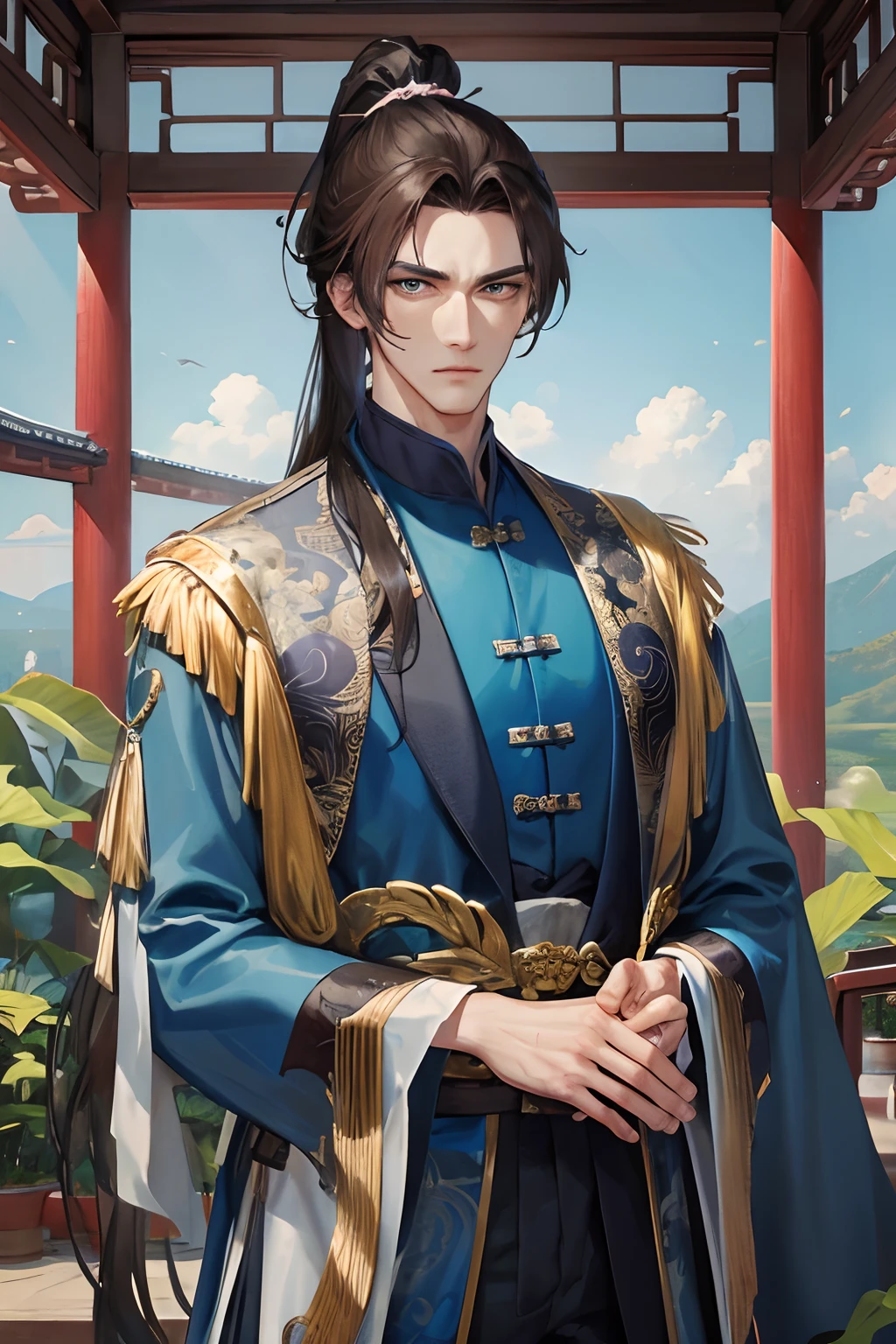 Masterpiece, best quality, daytime, 1 man, mature man, Chinese style, ancient China, Chinese palace, eagle, turquoise brown hair, gray blue eyes, forked hair, long hair, long bangs, high ponytail, handsome, handsome, masculine, serious, gentle, tall, quiet, dark colored clothes, gray blue clothes, dark blue clothes, unicorn pattern, prince, sword, looking down