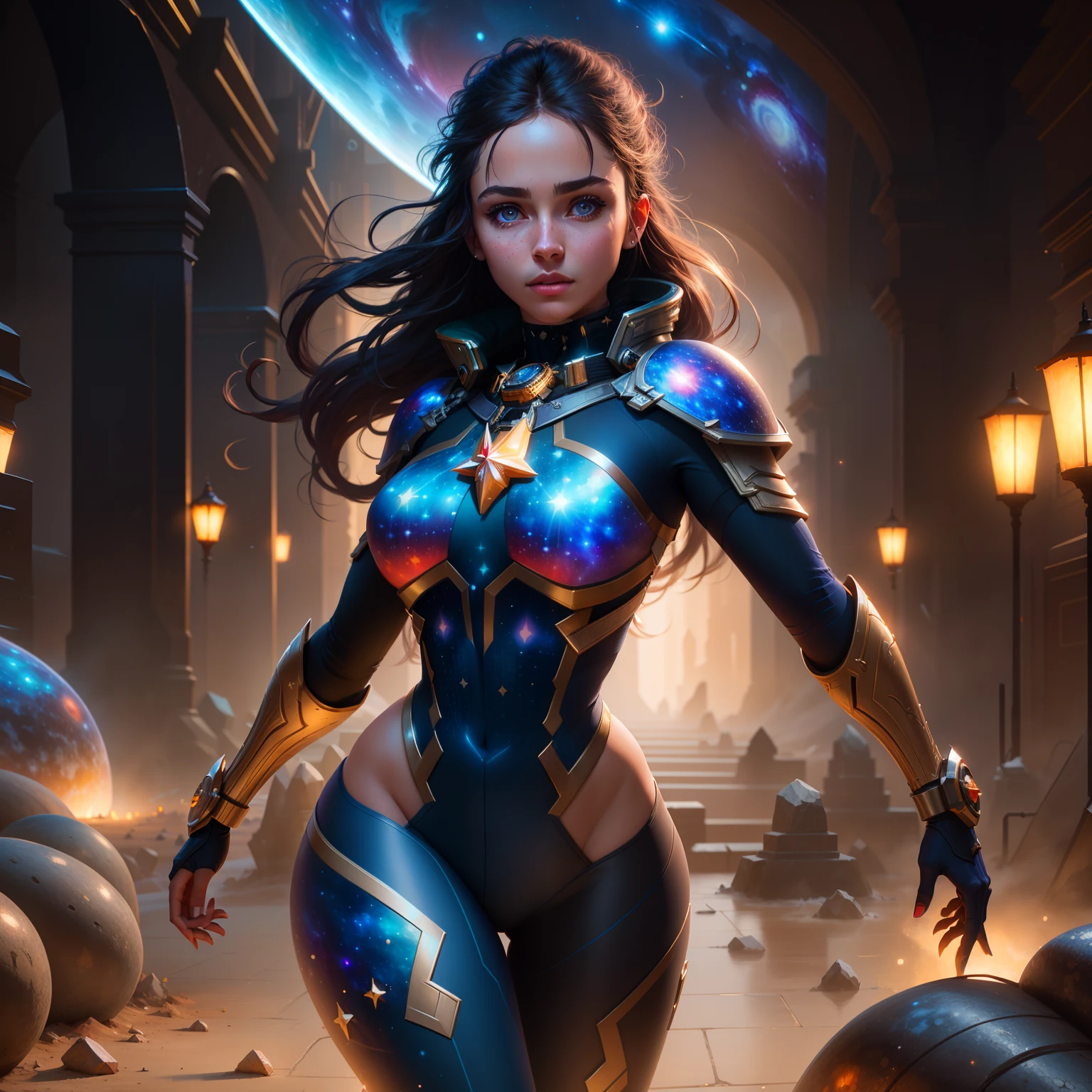 Highly detailed RAW color Photo, beautiful young girl, dynamic pose, (wide hips), (detailed skin), (detailed lips), (detailed eyes), (cosmic:1.4), (necropolis:1.1), (Sci-Fi setting) (detailed face), (curvy), detailed eyes, chromatic aberration, depth of field, soft lighting, masterpiece, best quality, intricate, (lens flare:0.7), (bloom:0.7), particle effects, raytracing, tone mapped, highly detailed, concept art, smooth, sharp focus, dramatic lighting, highly detailed artwork, cinematic, hyper realistic painting, trending on Artstation, 8K, incredible shadows, realistic, (highly detailed background:1.2), art by midjourney